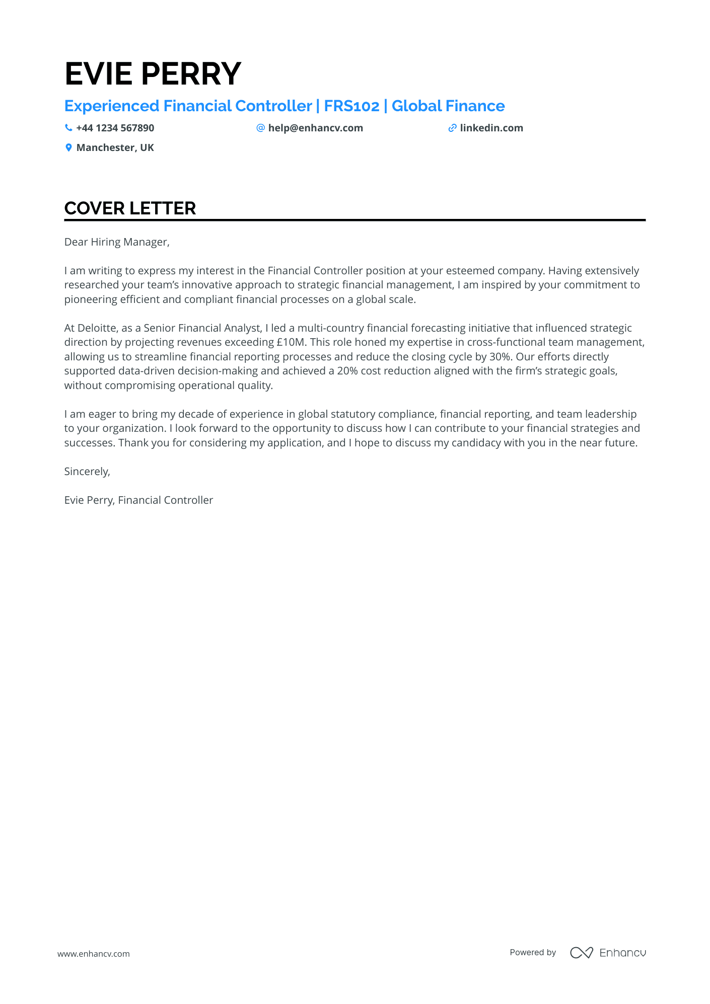 Financial controller cover letter example