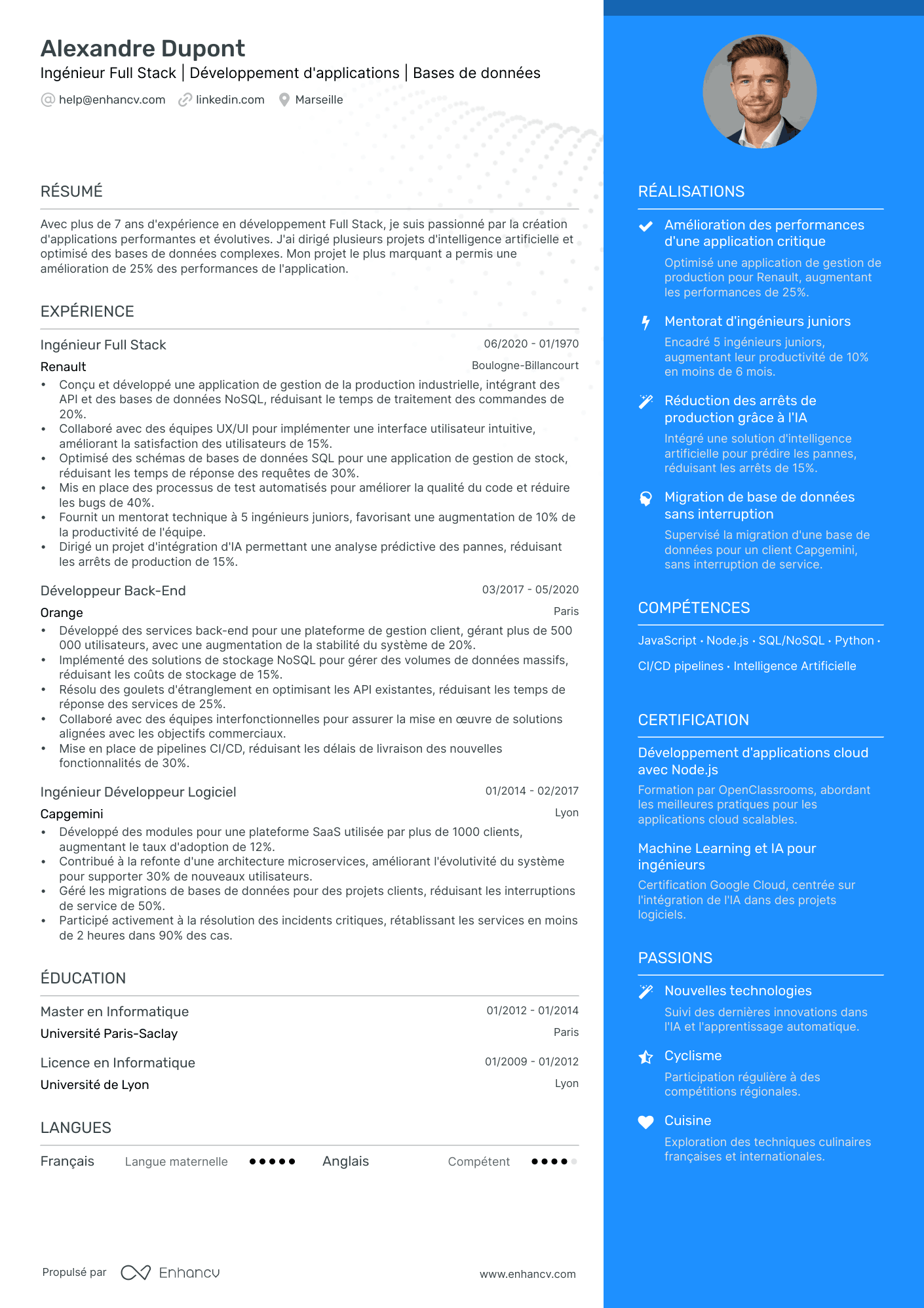 Ingénieur Full Stack | Développement d'applications | Bases de données resume example