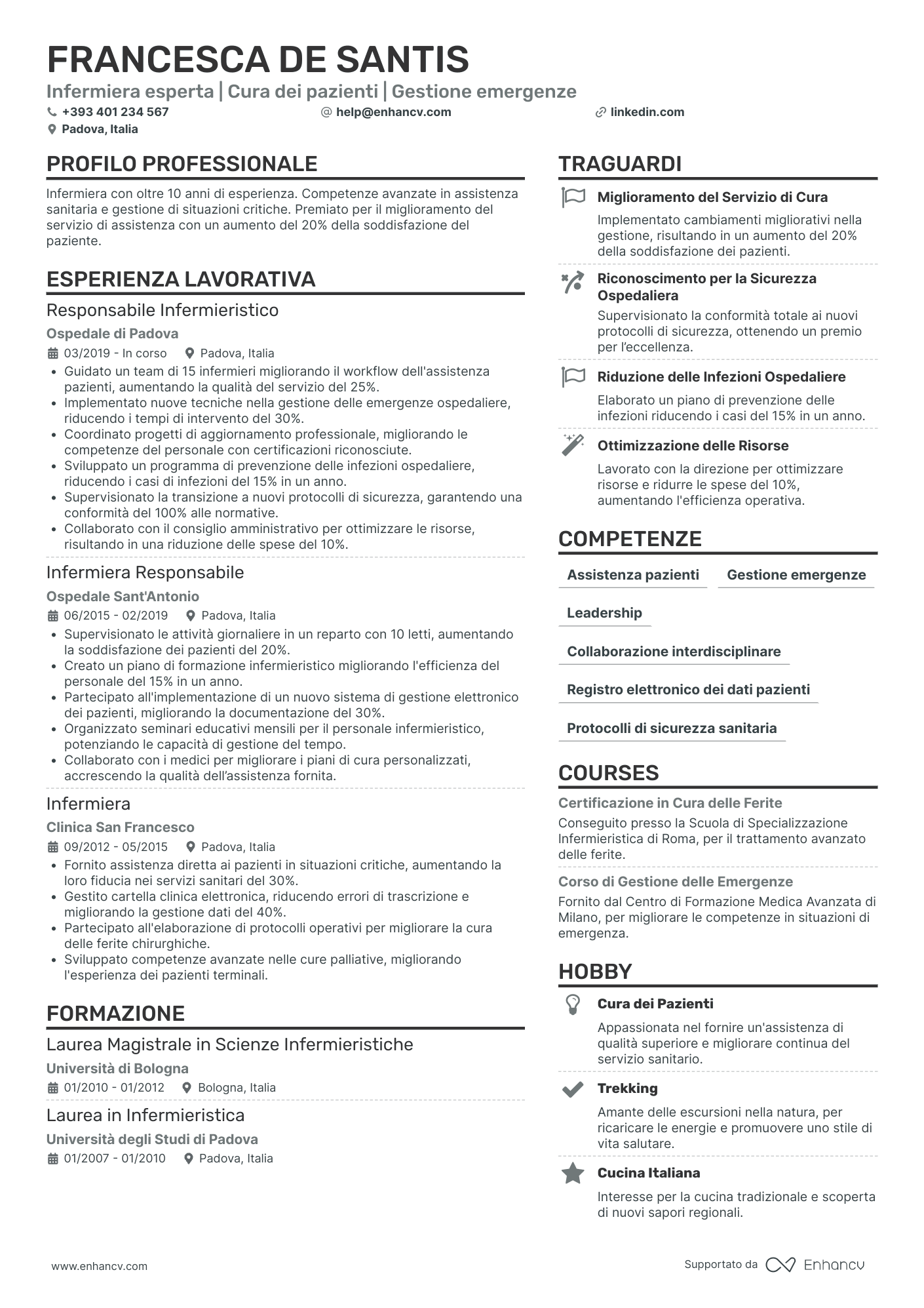 Infermiera esperta | Cura dei pazienti | Gestione emergenze resume example