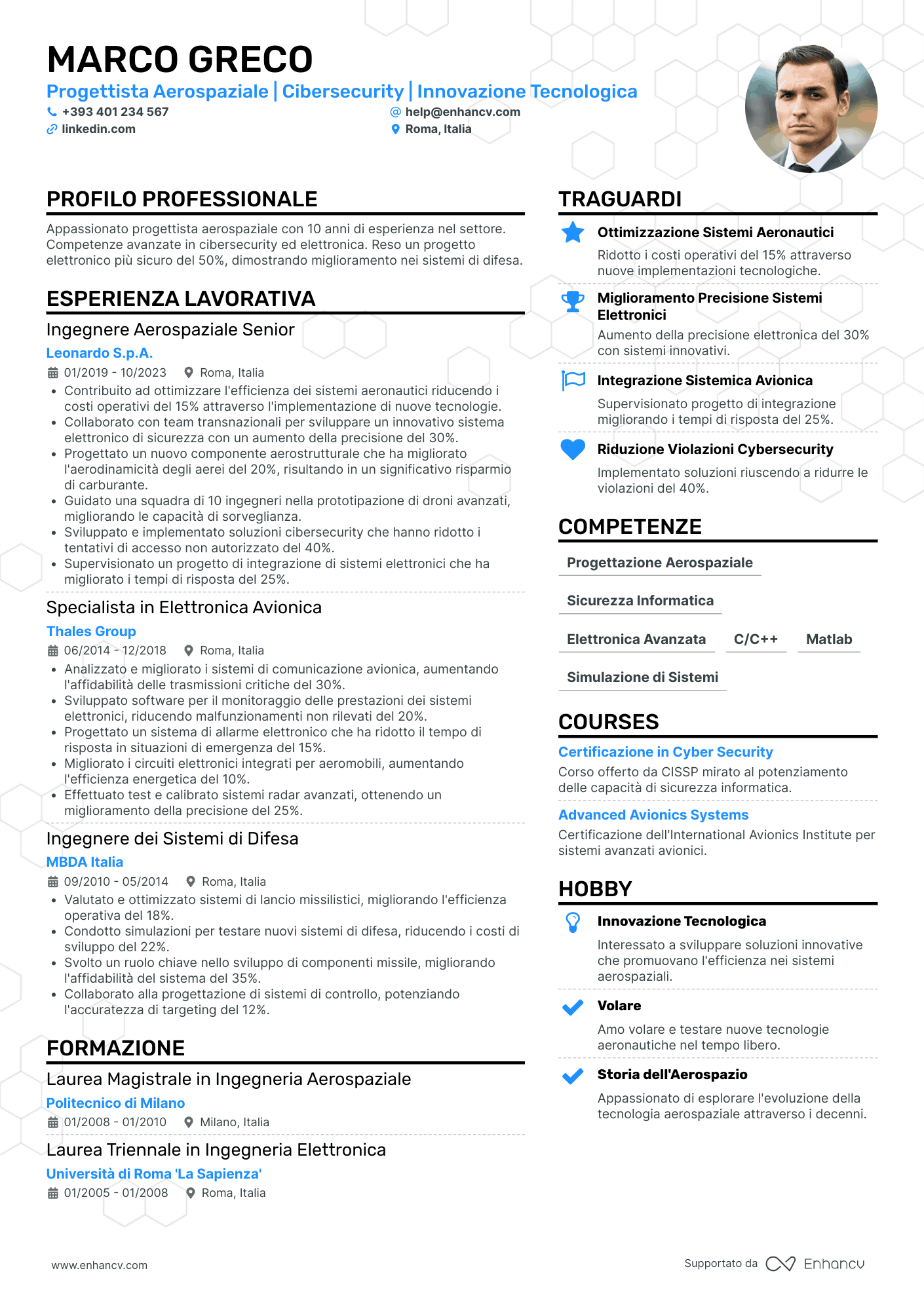 Progettista Aerospaziale | Cibersecurity | Innovazione Tecnologica resume example