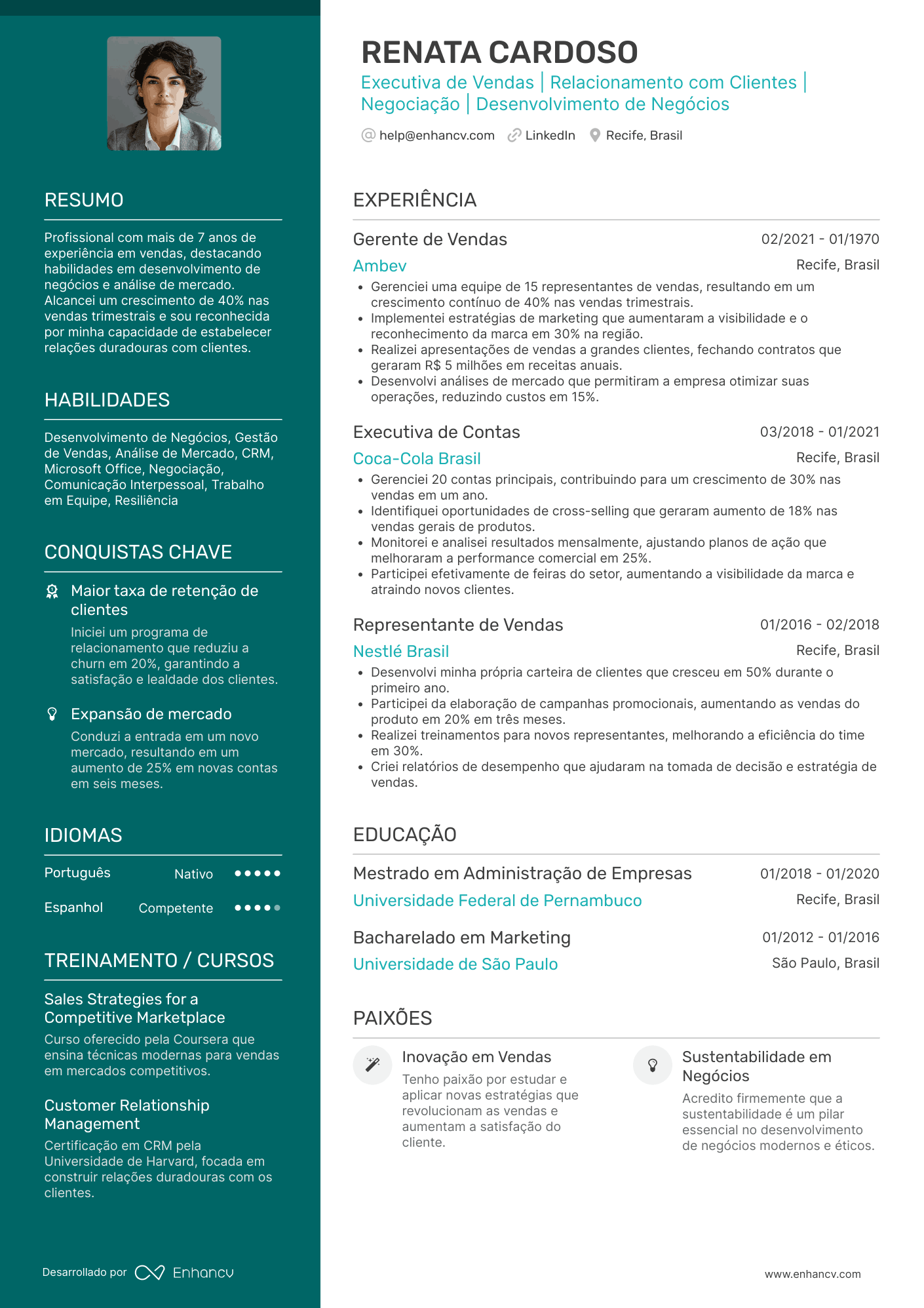 Executiva de Vendas | Relacionamento com Clientes | Negociação | Desenvolvimento de Negócios Exemplo de CV