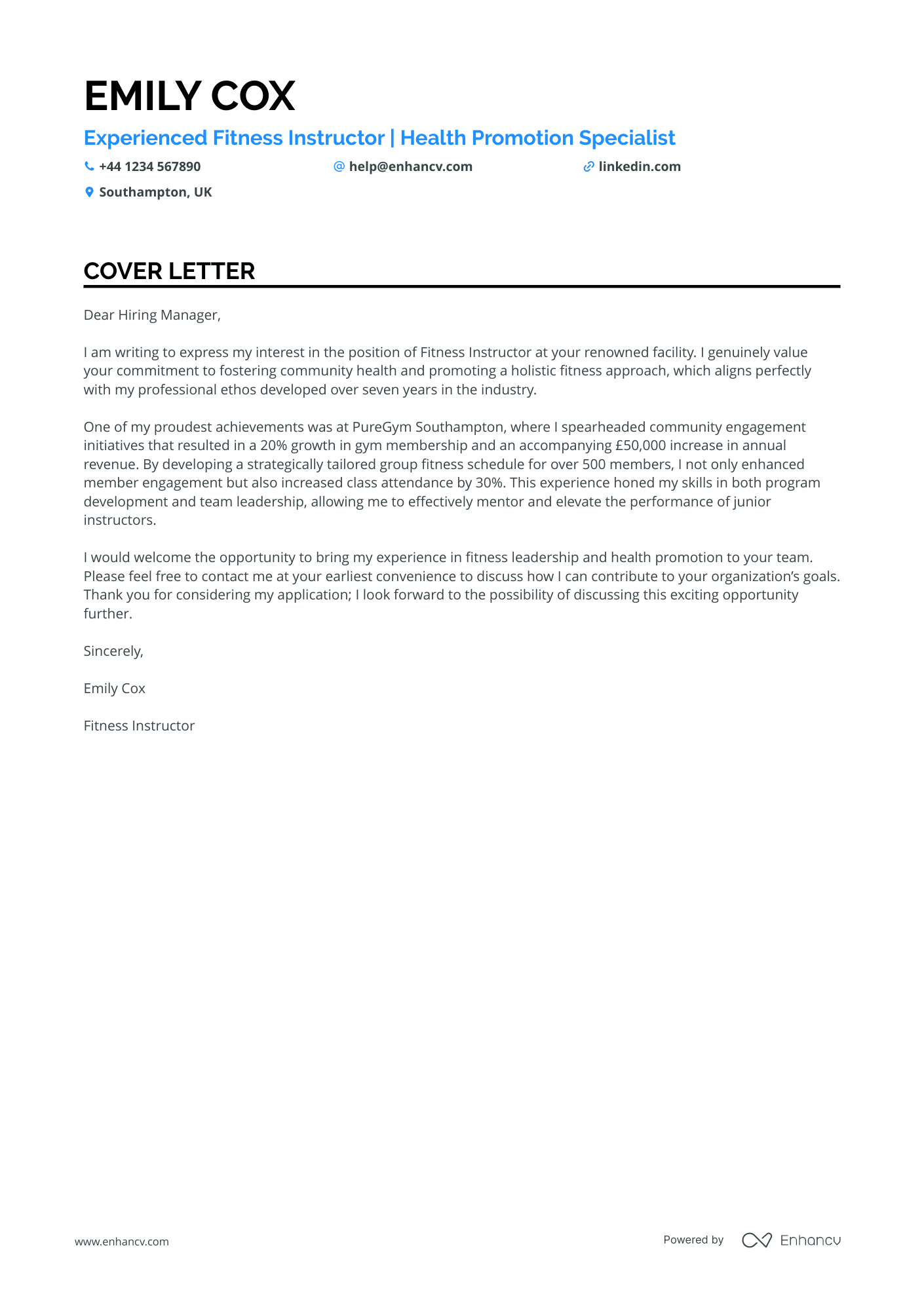 Gym cover letter example
