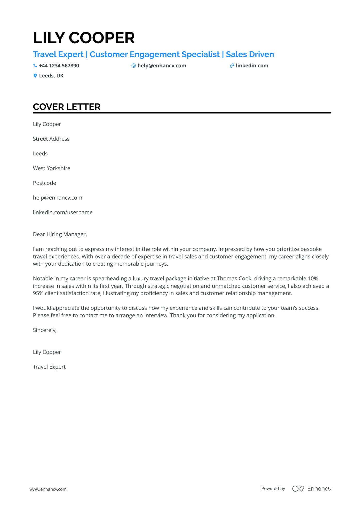 Travel consultant cover letter example