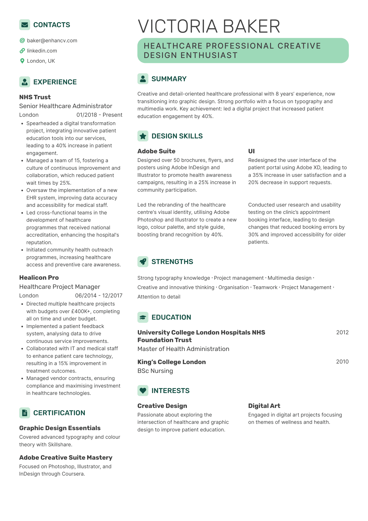 HEALTHCARE PROFESSIONAL CREATIVE DESIGN ENTHUSIAST resume example