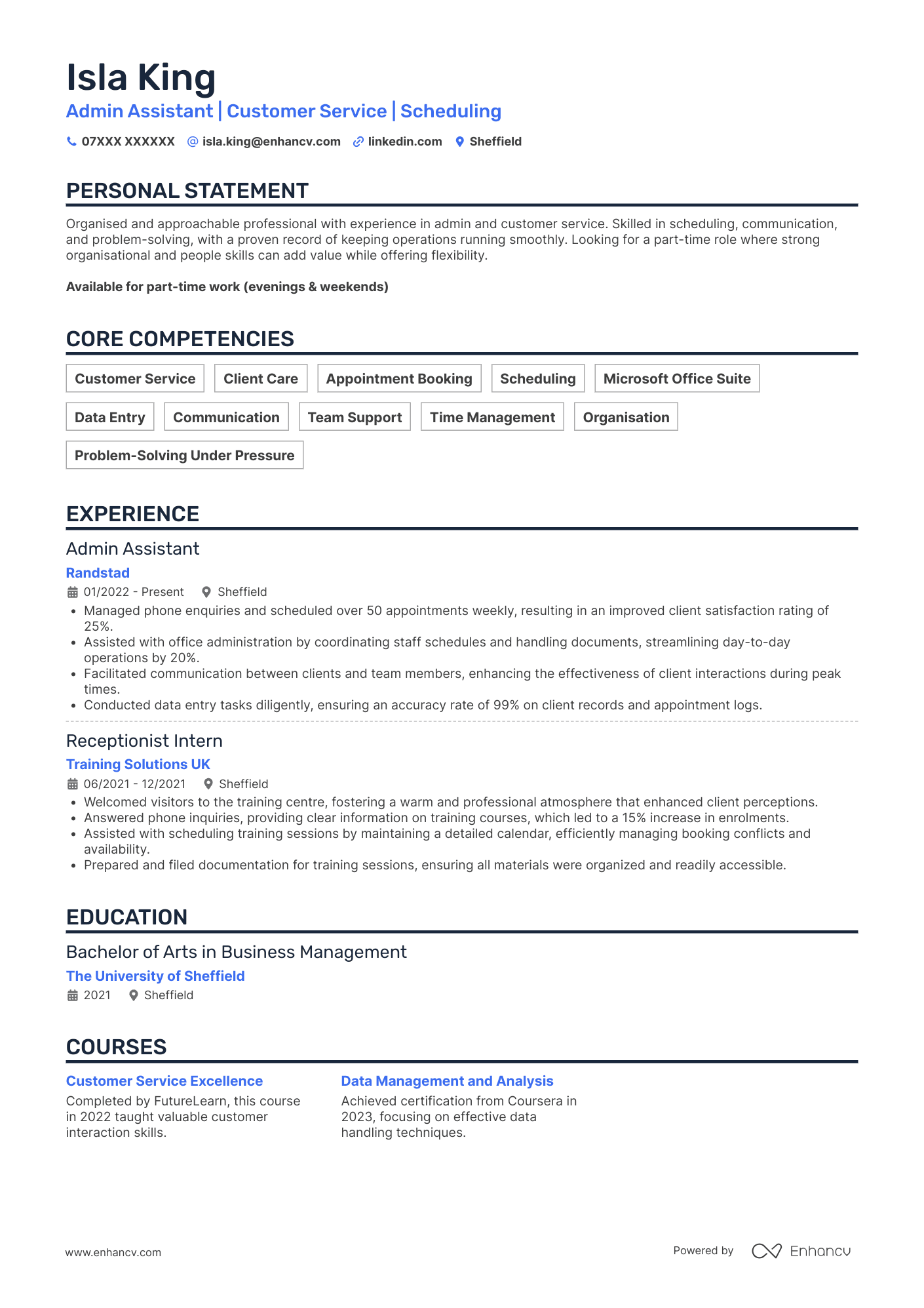 Admin Assistant | Customer Service | Scheduling CV Example