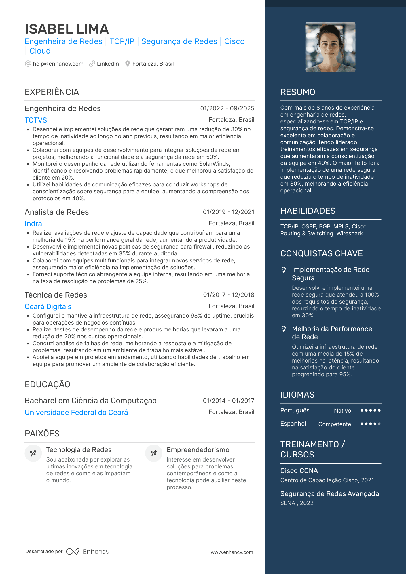 Engenheira de Redes | TCP/IP | Segurança de Redes | Cisco | Cloud Exemplo de CV