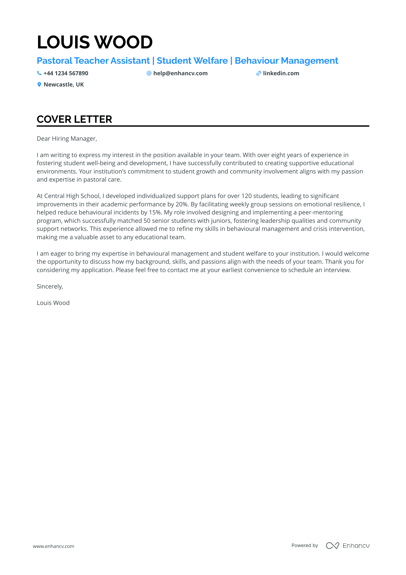 Teacher Assistant cover letter example