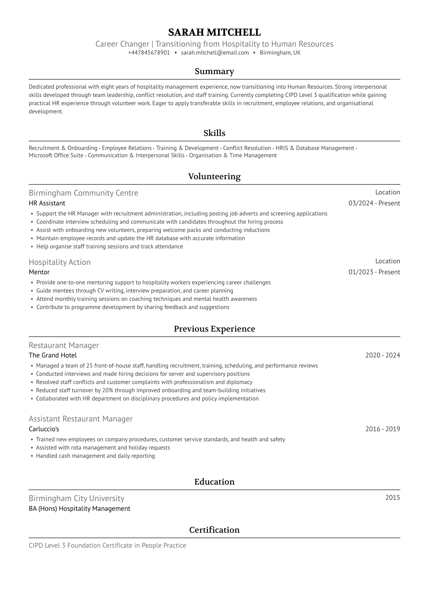 Career Changer | Transitioning from Hospitality to Human Resources CV Example