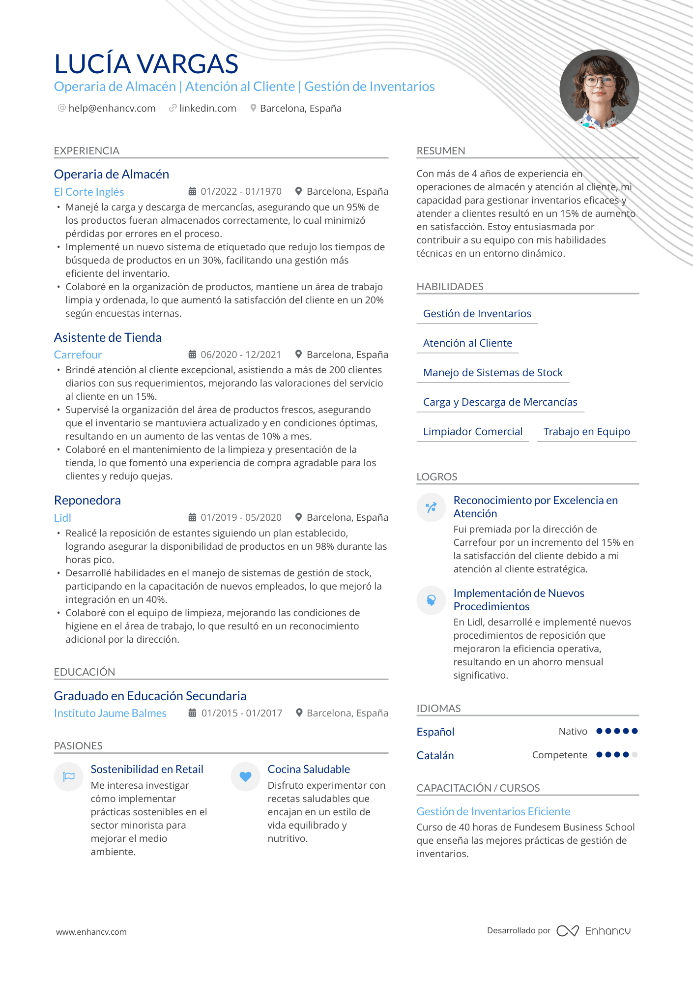 Operaria de Almacén | Atención al Cliente | Gestión de Inventarios Ejemplo de CV