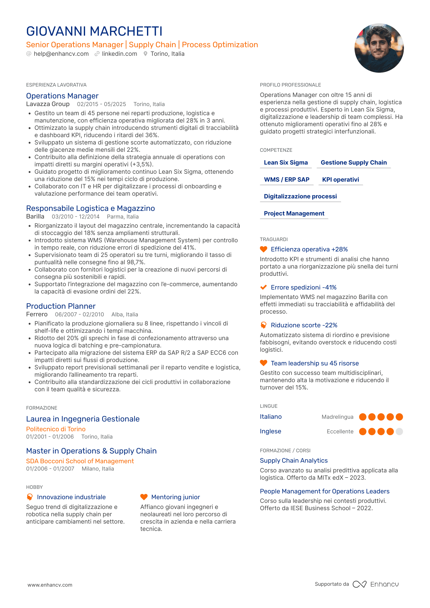 Senior Operations Manager | Supply Chain | Process Optimization Esempio di CV
