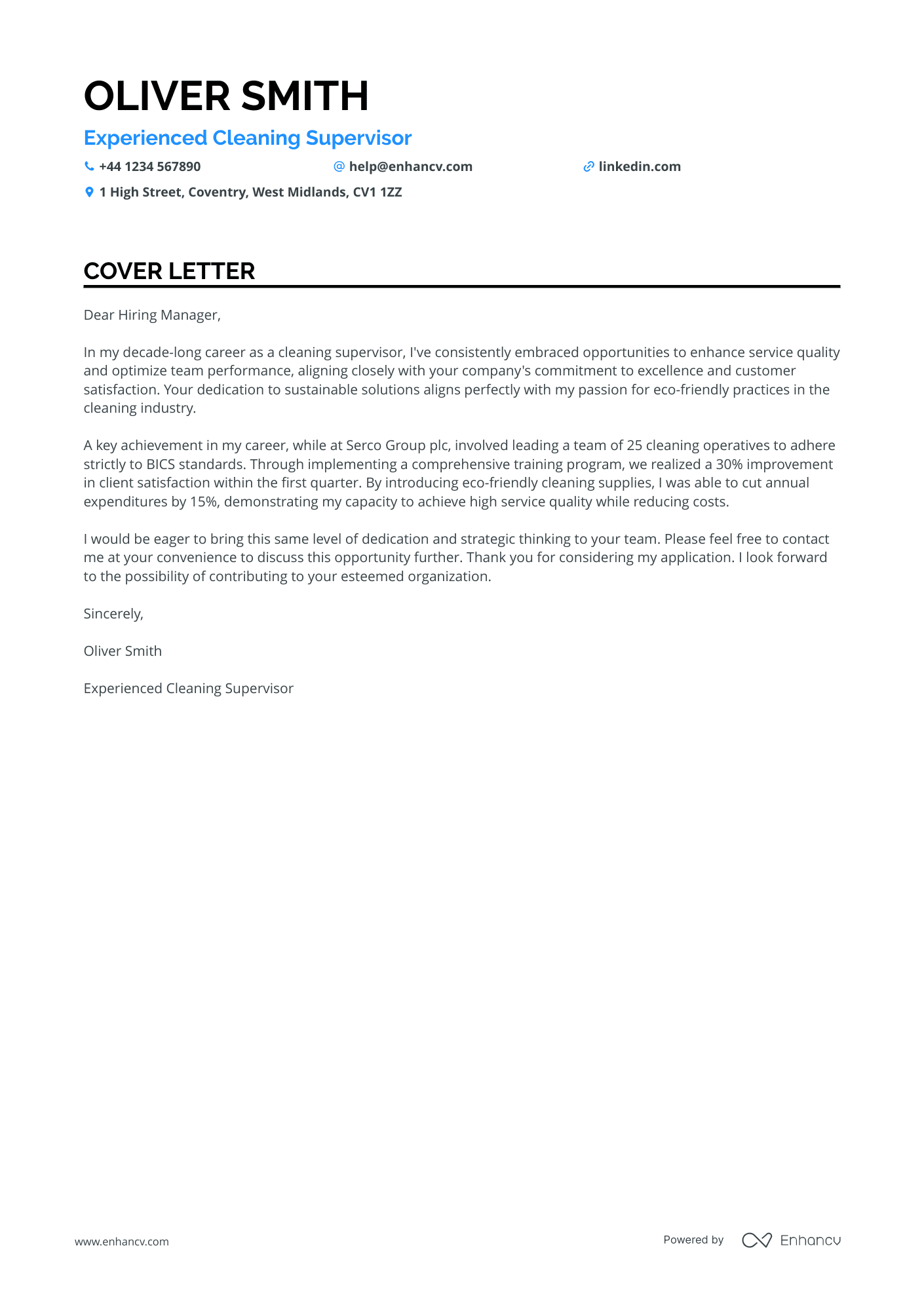 Cleaner cover letter example