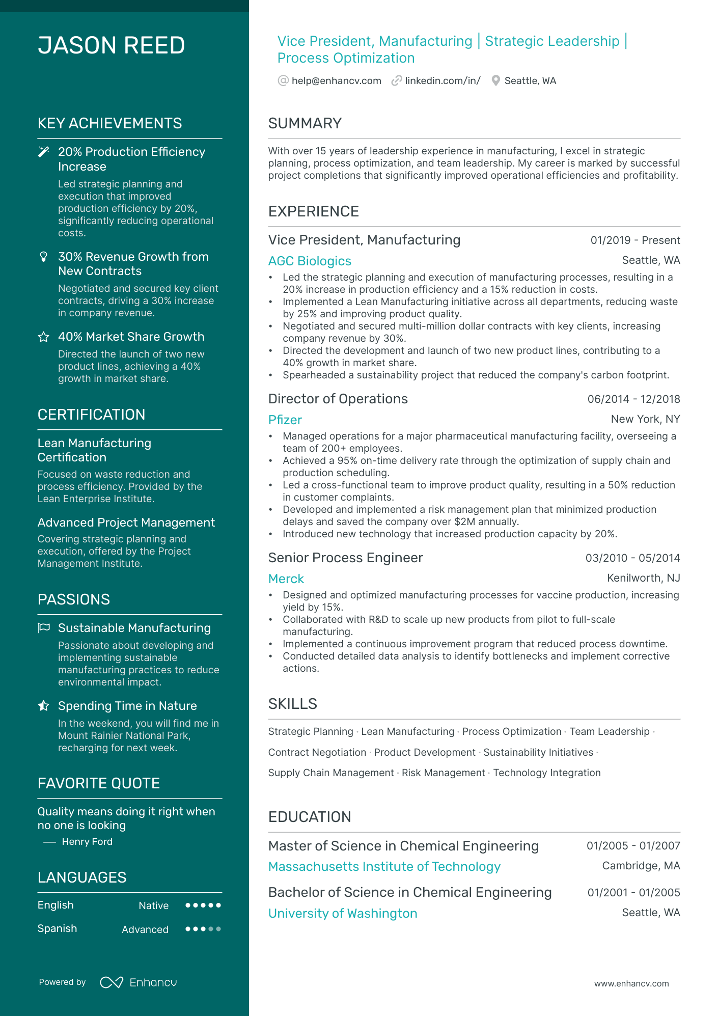 Vice President, Manufacturing | Strategic Leadership | Process Optimization resume example