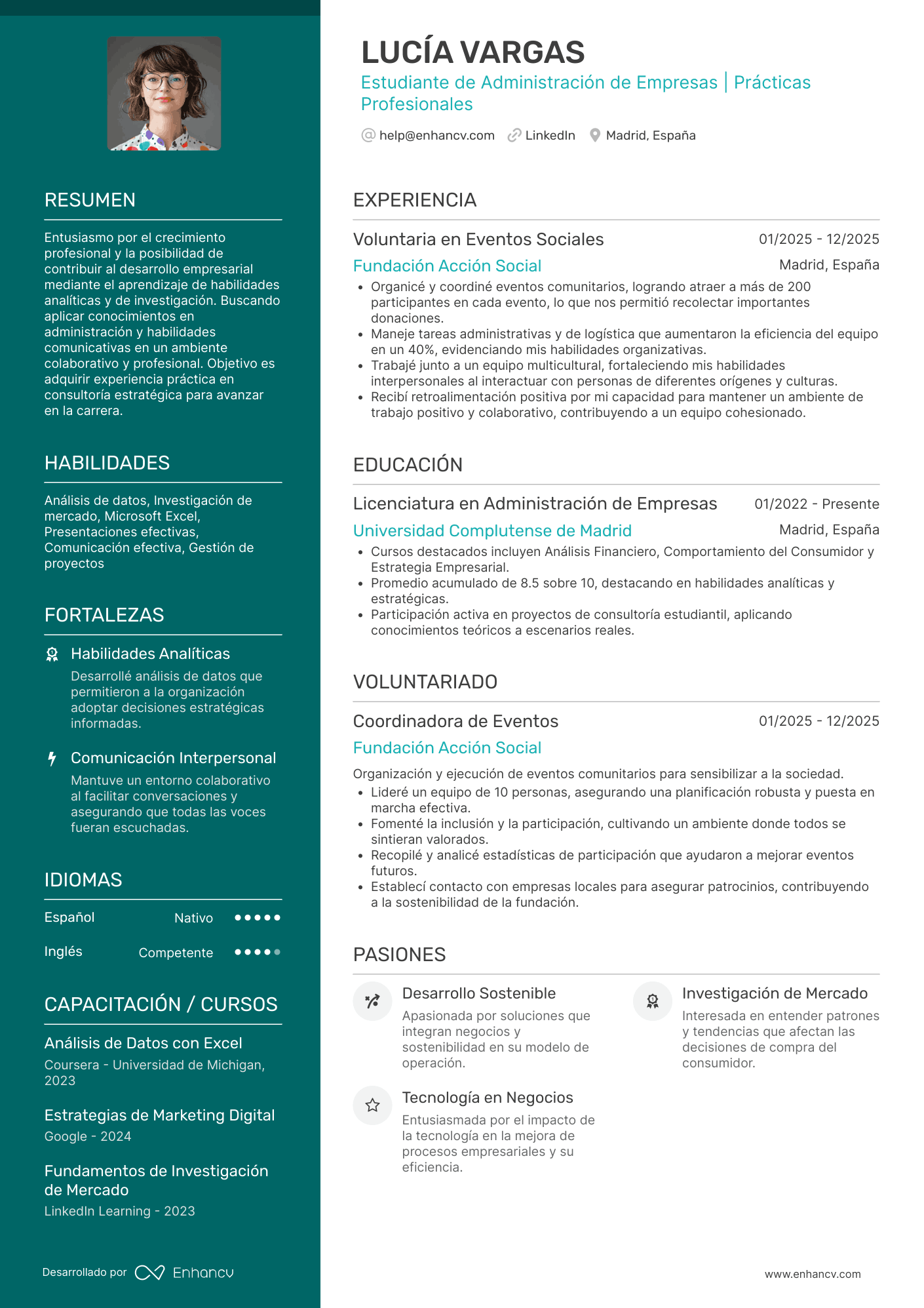 Estudiante de Administración de Empresas | Prácticas Profesionales Ejemplo de CV