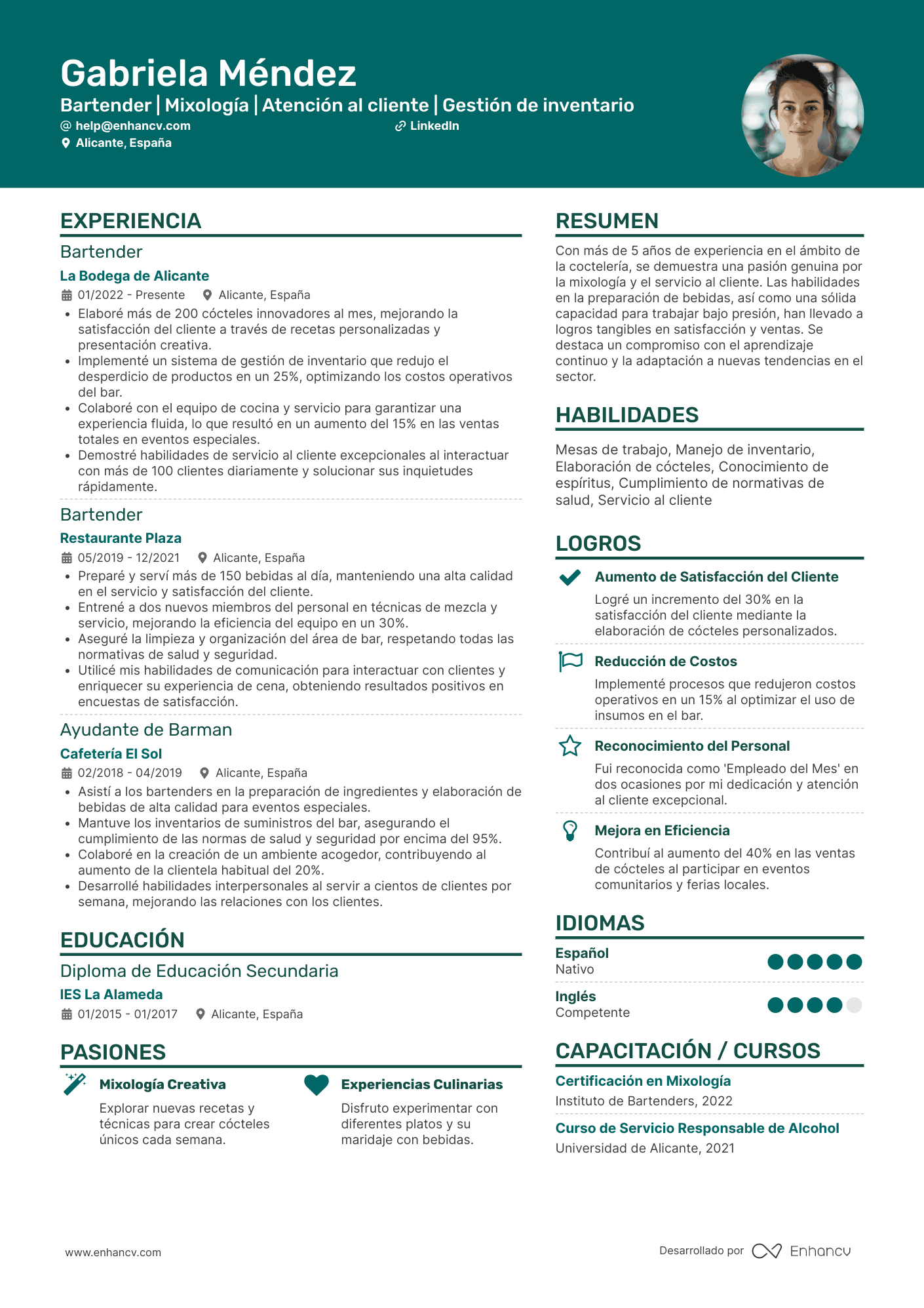Bartender | Mixología | Atención al cliente | Gestión de inventario Ejemplo de CV