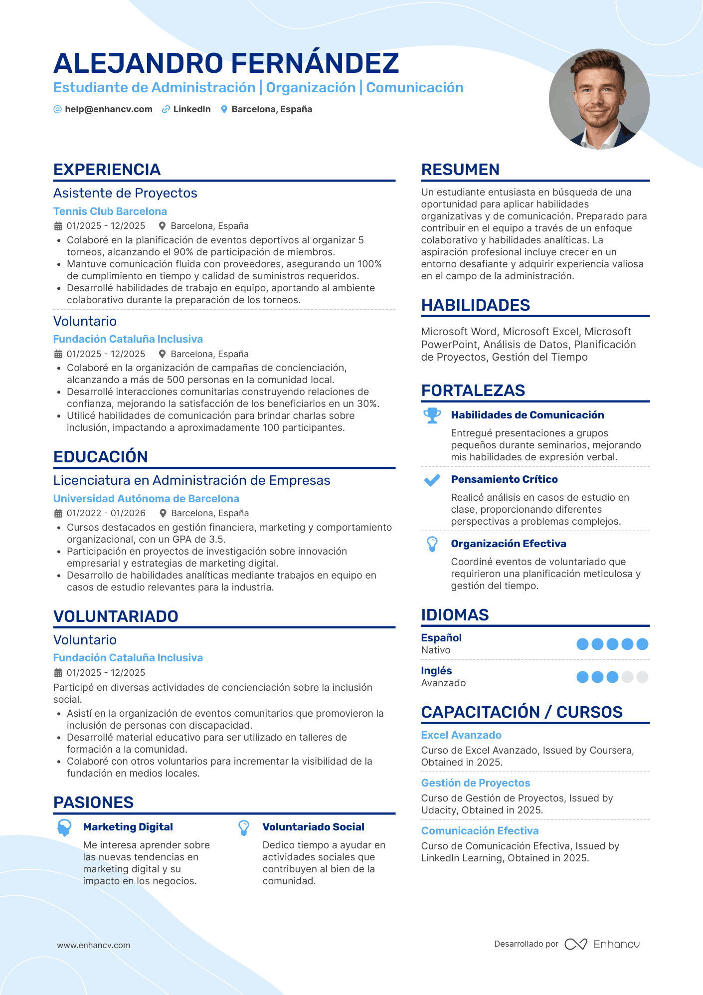 Estudiante de Administración | Organización | Comunicación Ejemplo de CV
