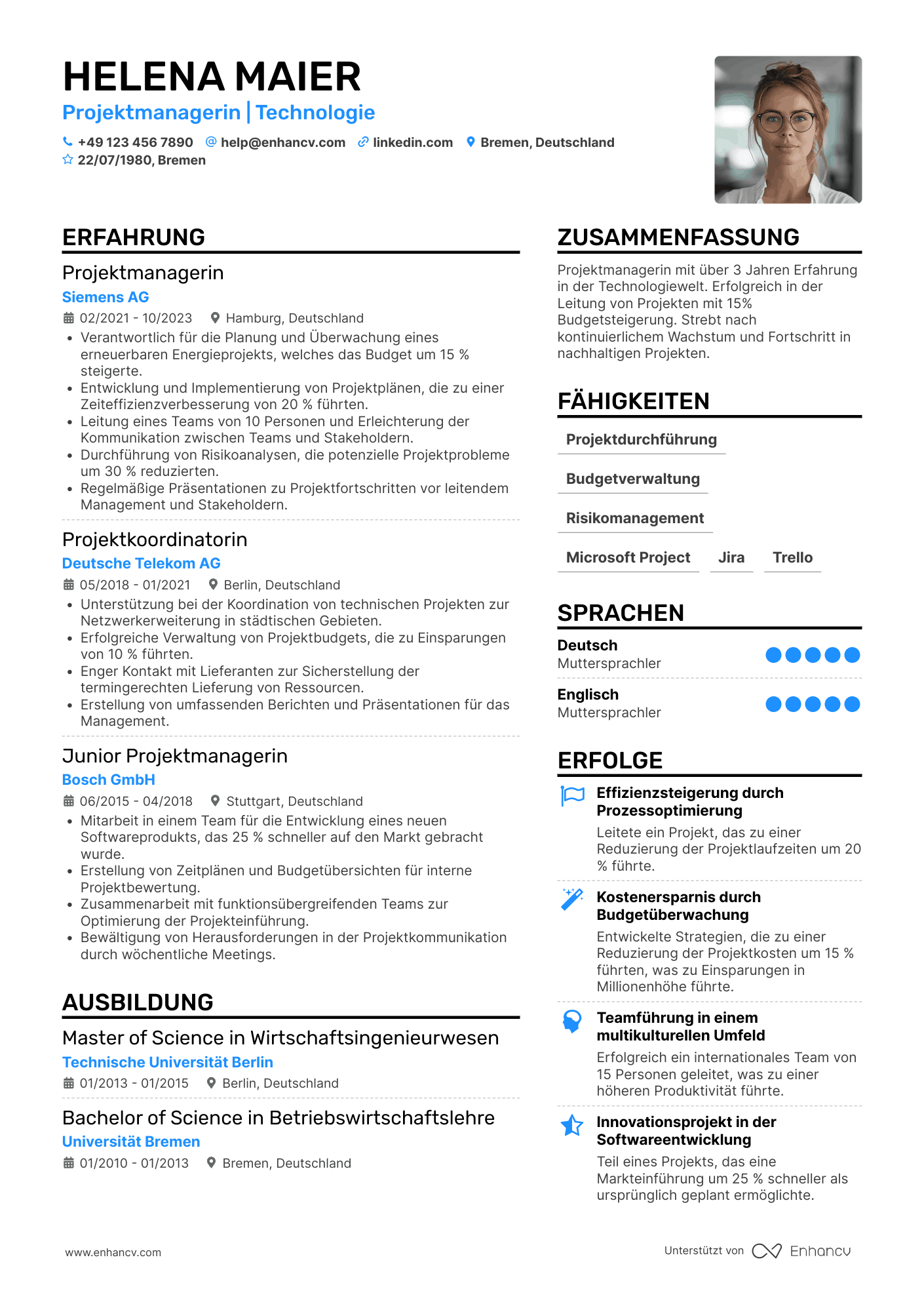 Projektmanagerin | Technologie Lebenslauf Beispiel