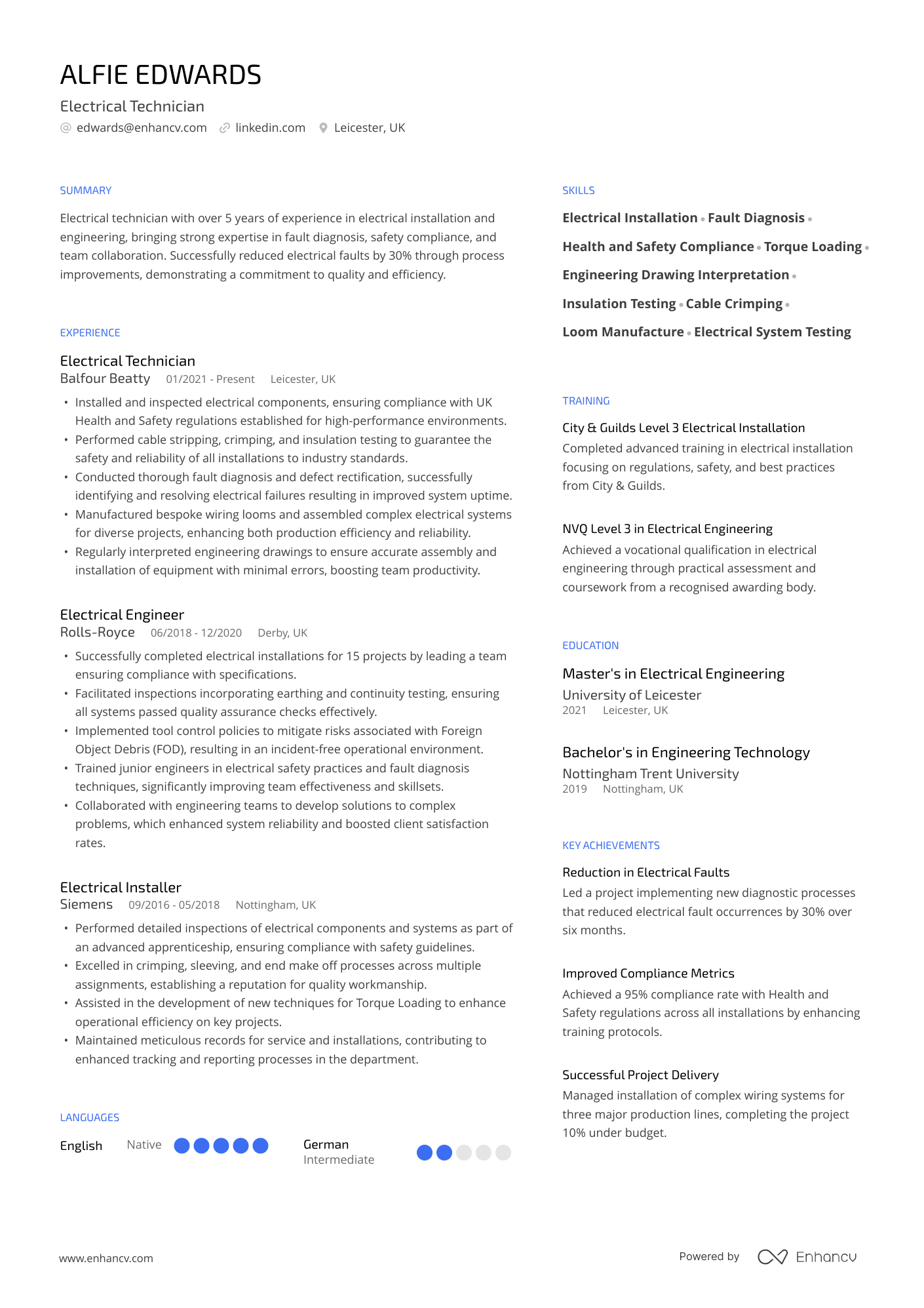 Electrical Technician resume example