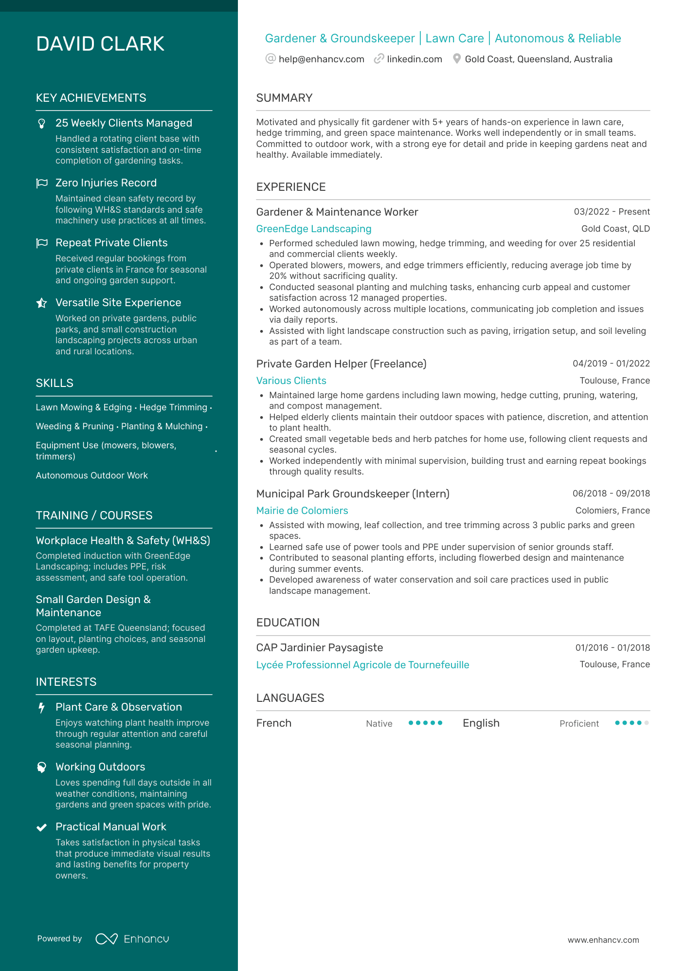 Gardener &amp; Groundskeeper | Lawn Care | Autonomous &amp; Reliable resume example