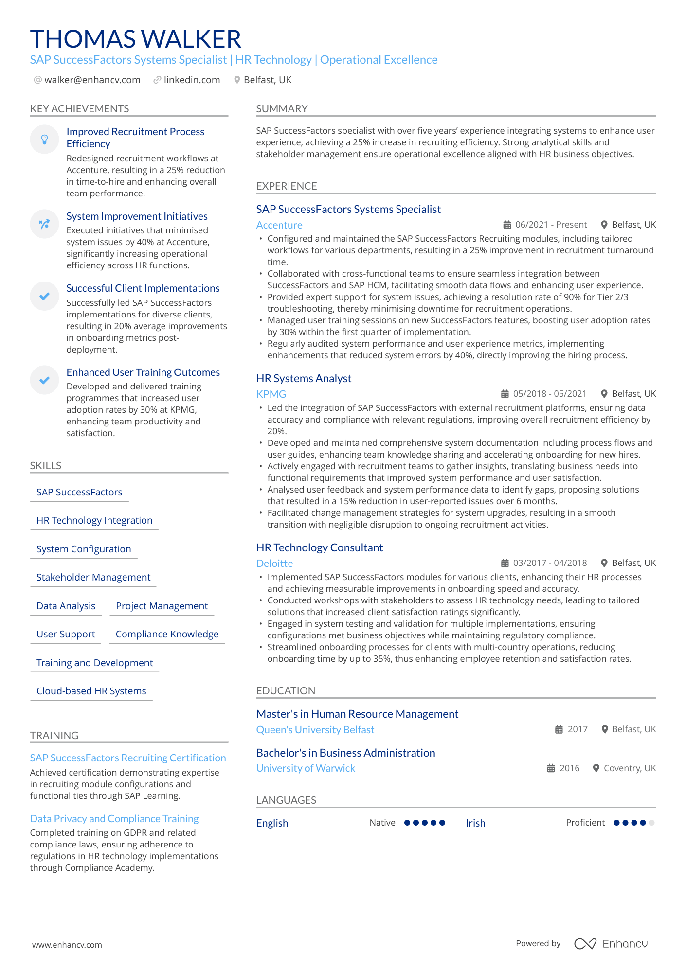 SAP SuccessFactors Systems Specialist | HR Technology | Operational Excellence CV Example