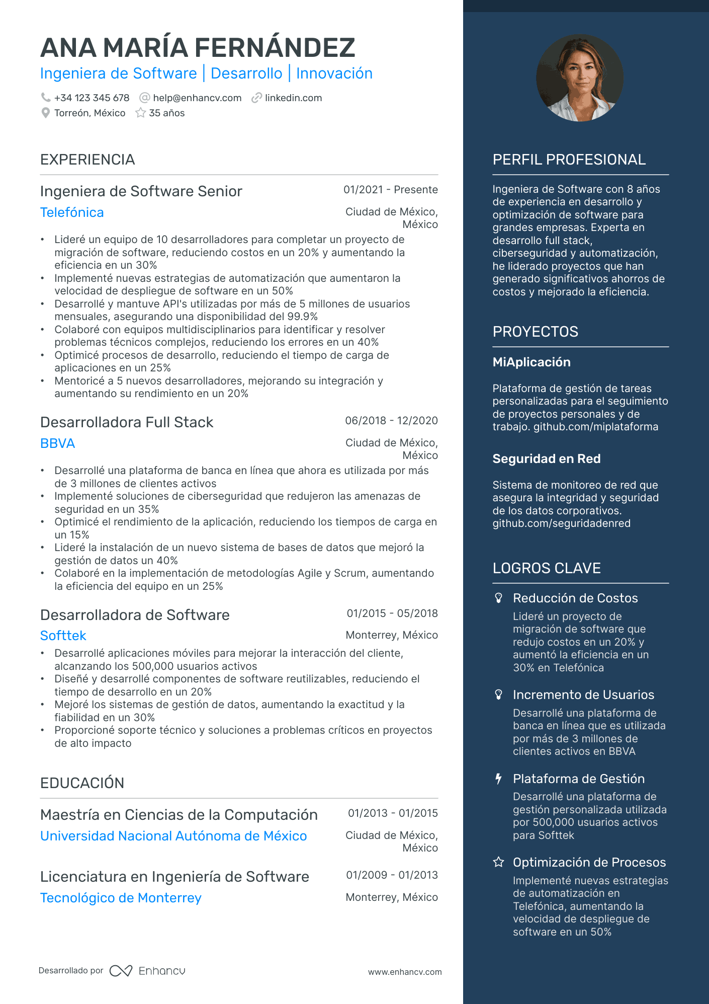 Ingeniera de Software | Desarrollo | Innovación resume example