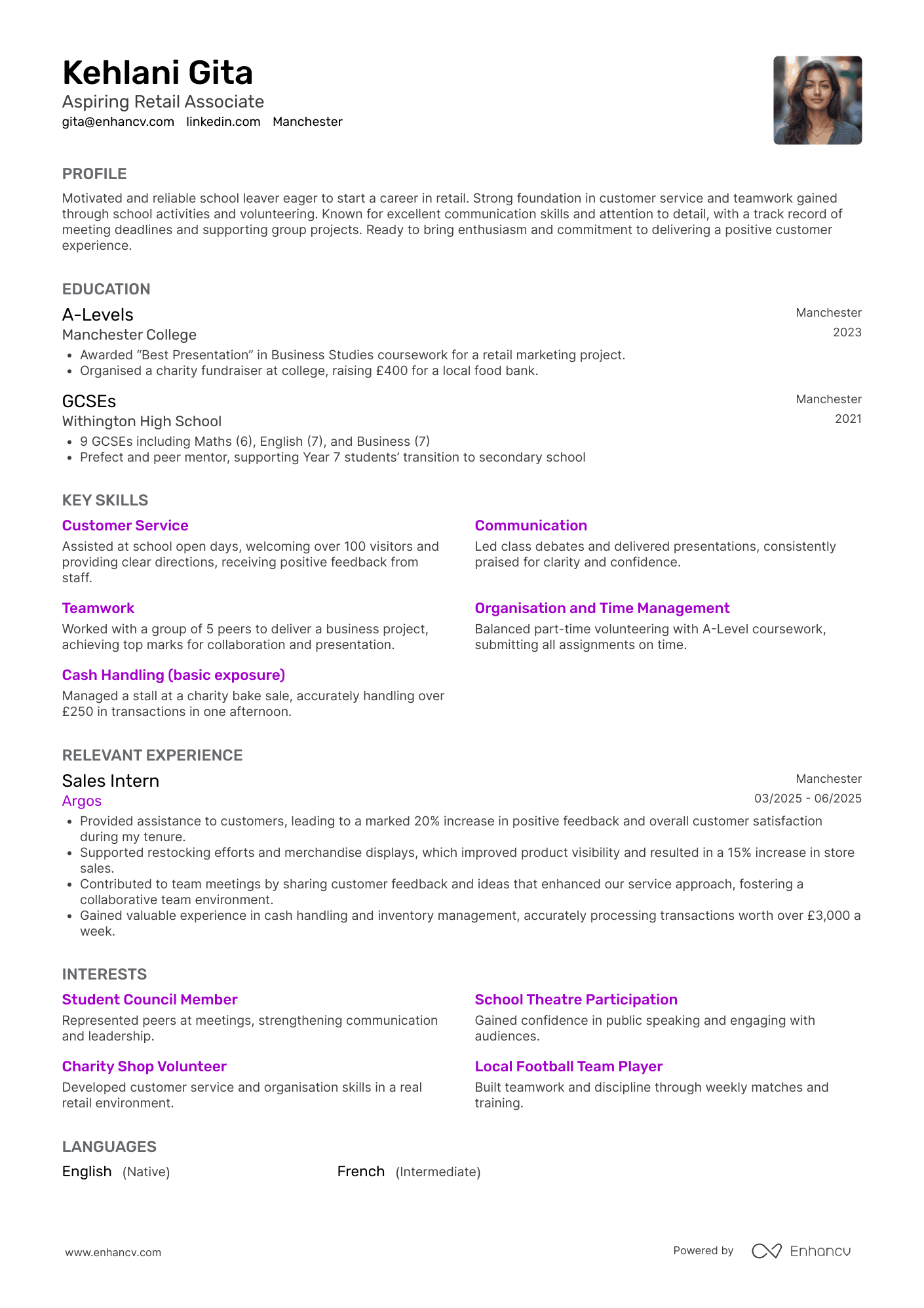 Aspiring Retail Associate CV Example