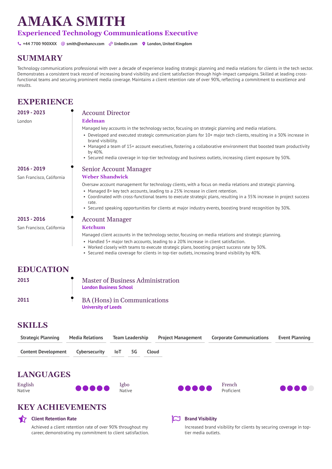 Experienced Technology Communications Executive resume example
