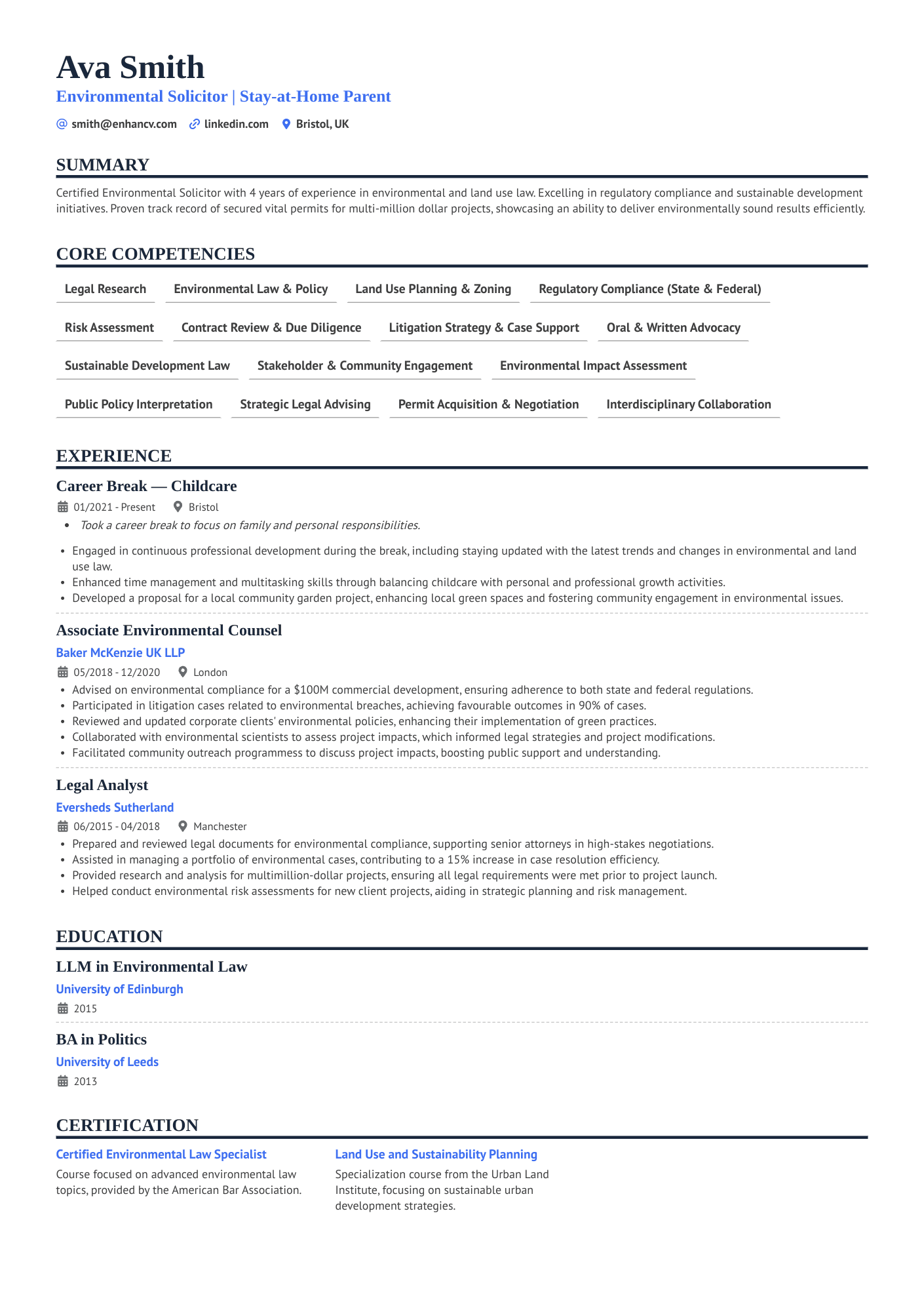 Environmental Solicitor | Stay at Home Parent resume example