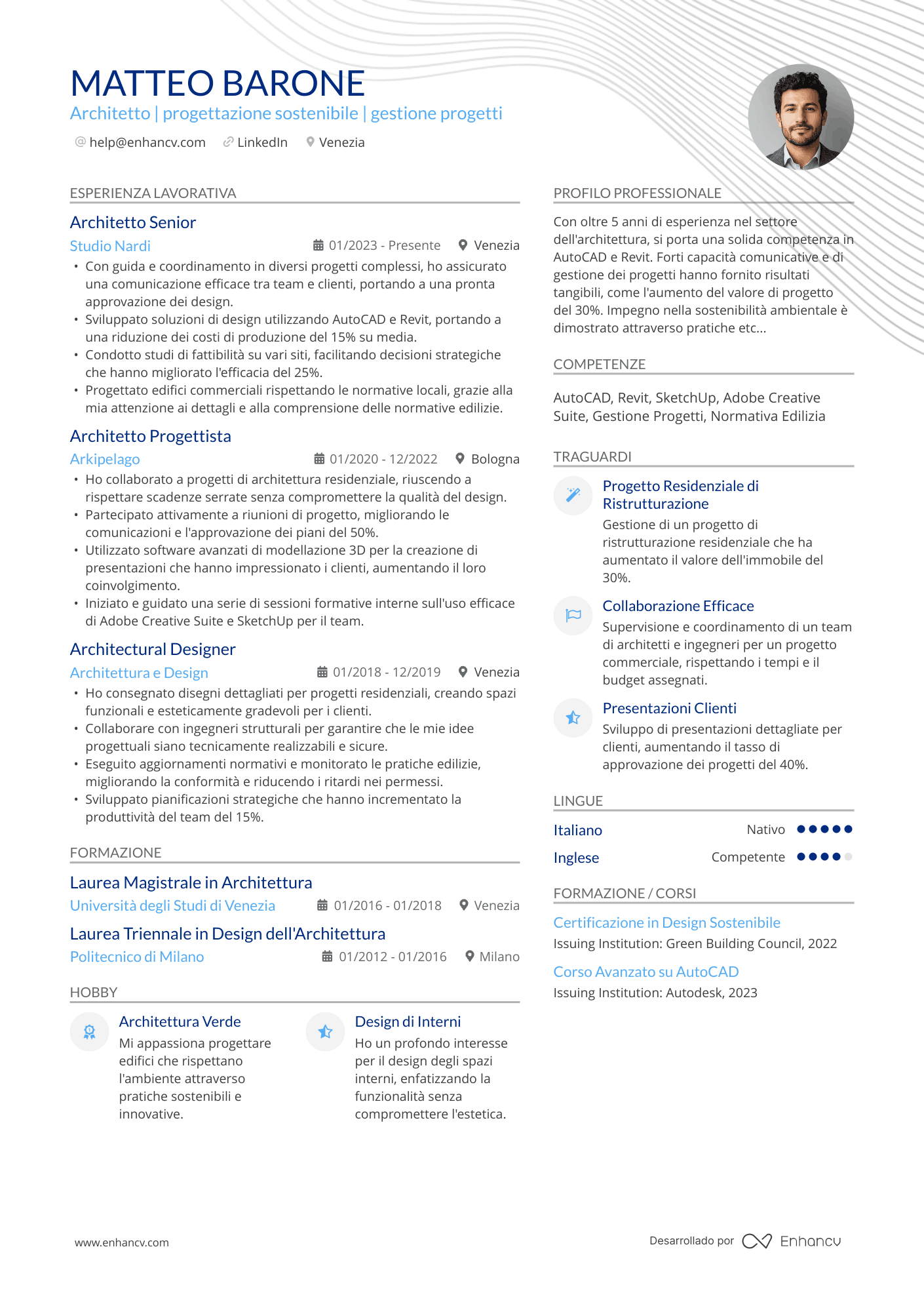 Architetto | progettazione sostenibile | gestione progetti Esempio di CV