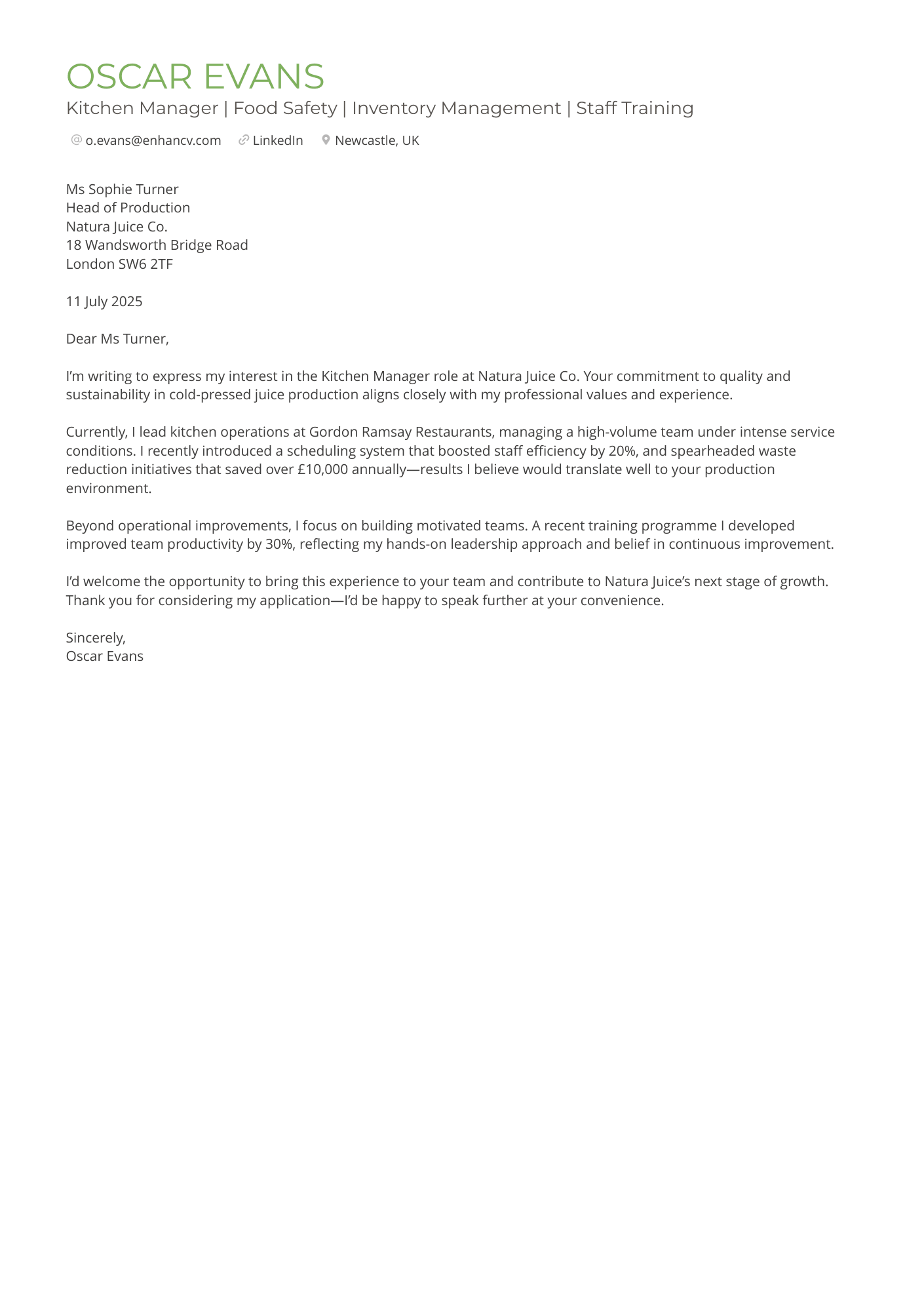 Kitchen Manager | Food Safety | Inventory Management | Staff Training CV Example