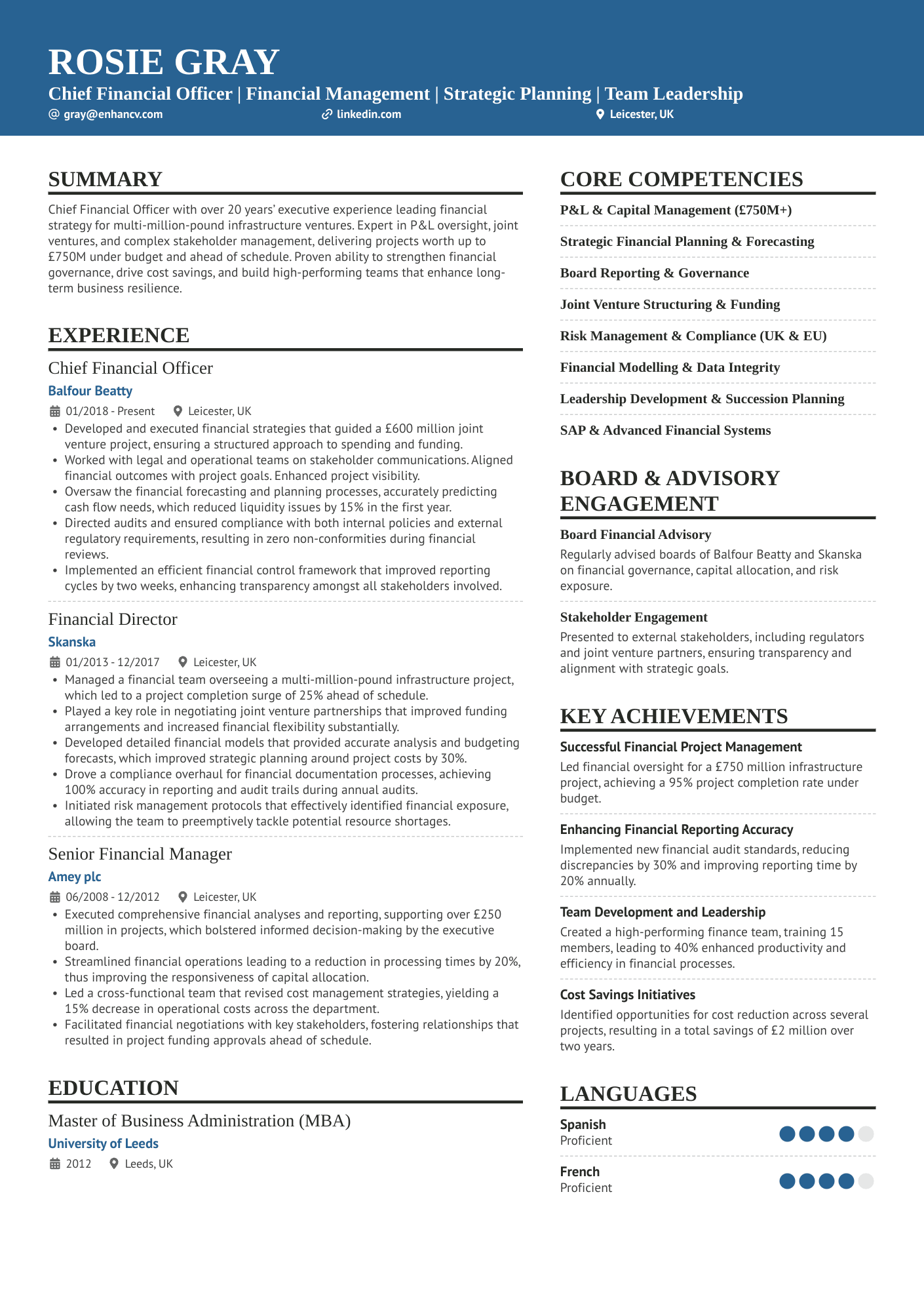 Chief Financial Officer | Financial Management | Strategic Planning | Team Leadership CV Example