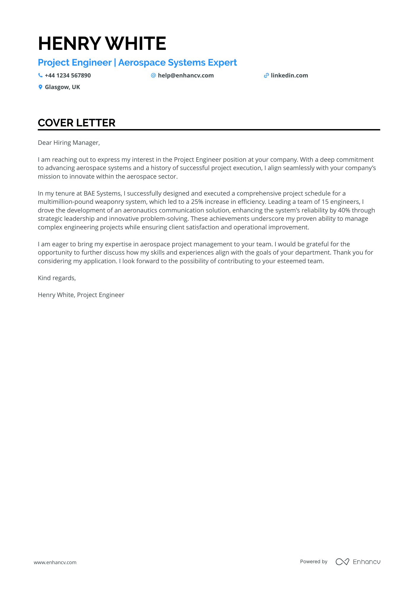 Aerospace Engineering cover letter example