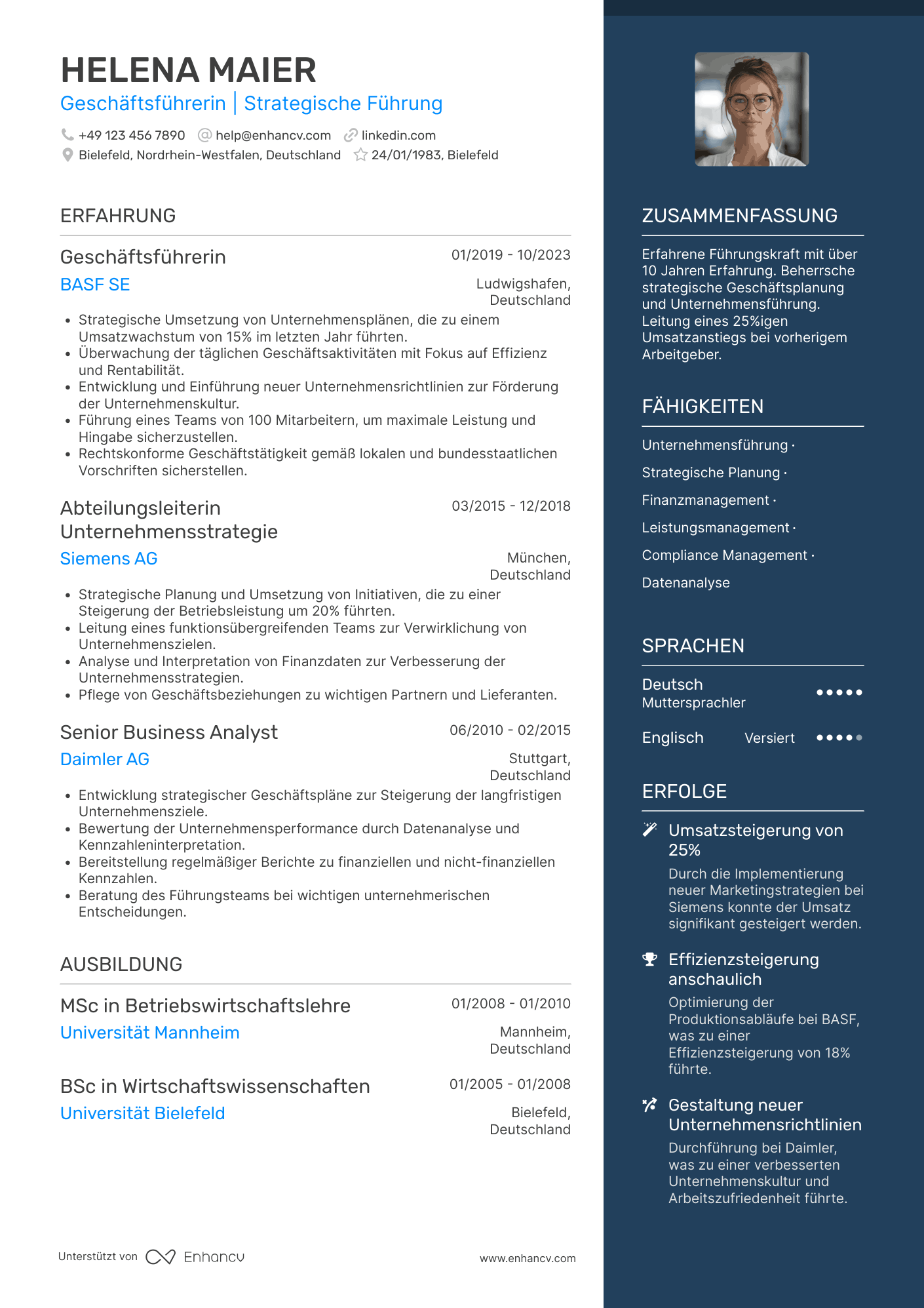 Geschäftsführerin | Strategische Führung Lebenslauf Beispiel