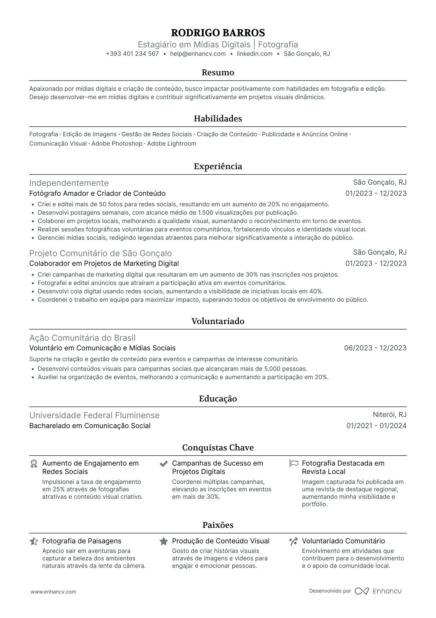 Estagiário em Mídias Digitais | Fotografia resume example