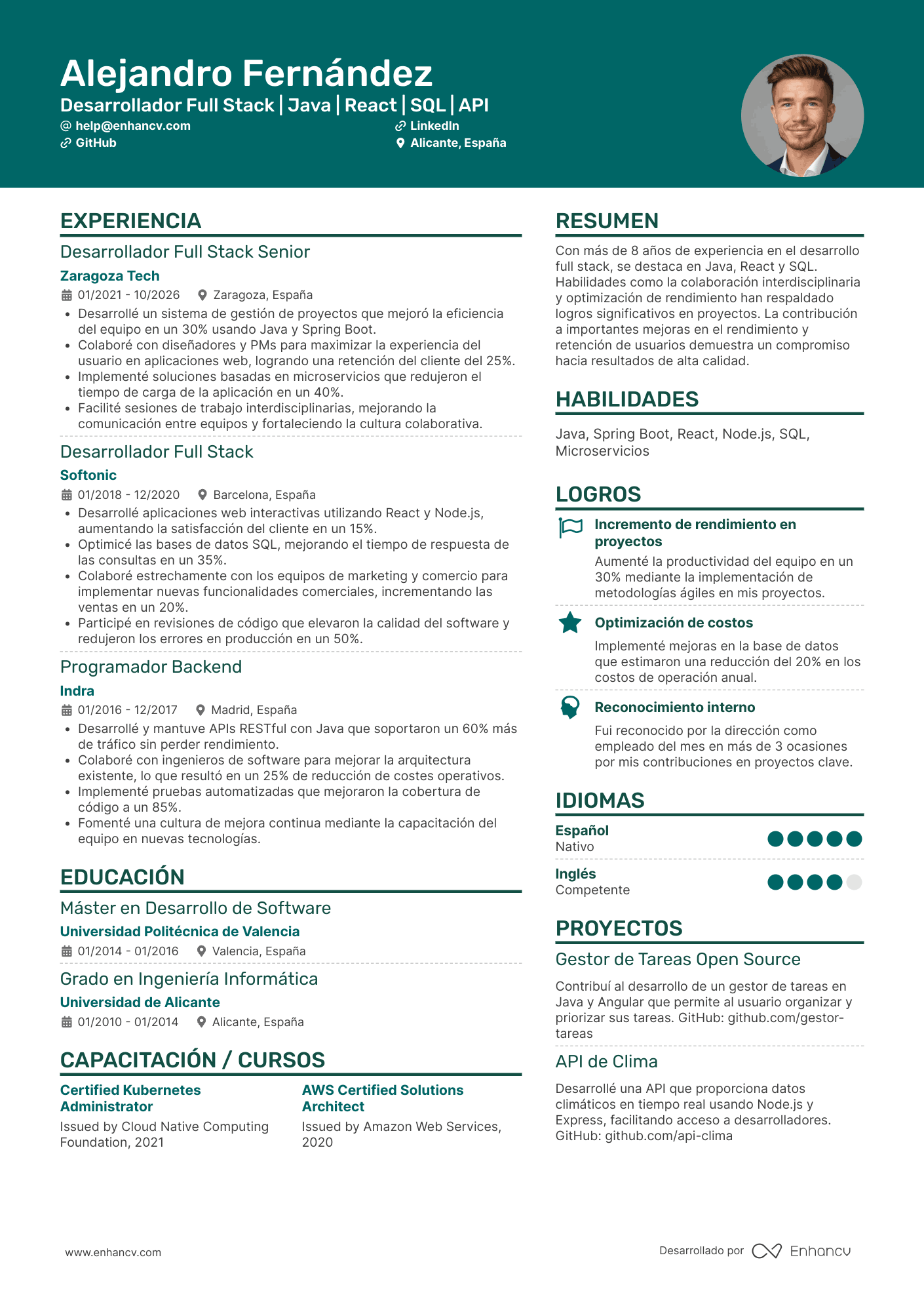 Desarrollador Full Stack | Java | React | SQL | API Ejemplo de CV