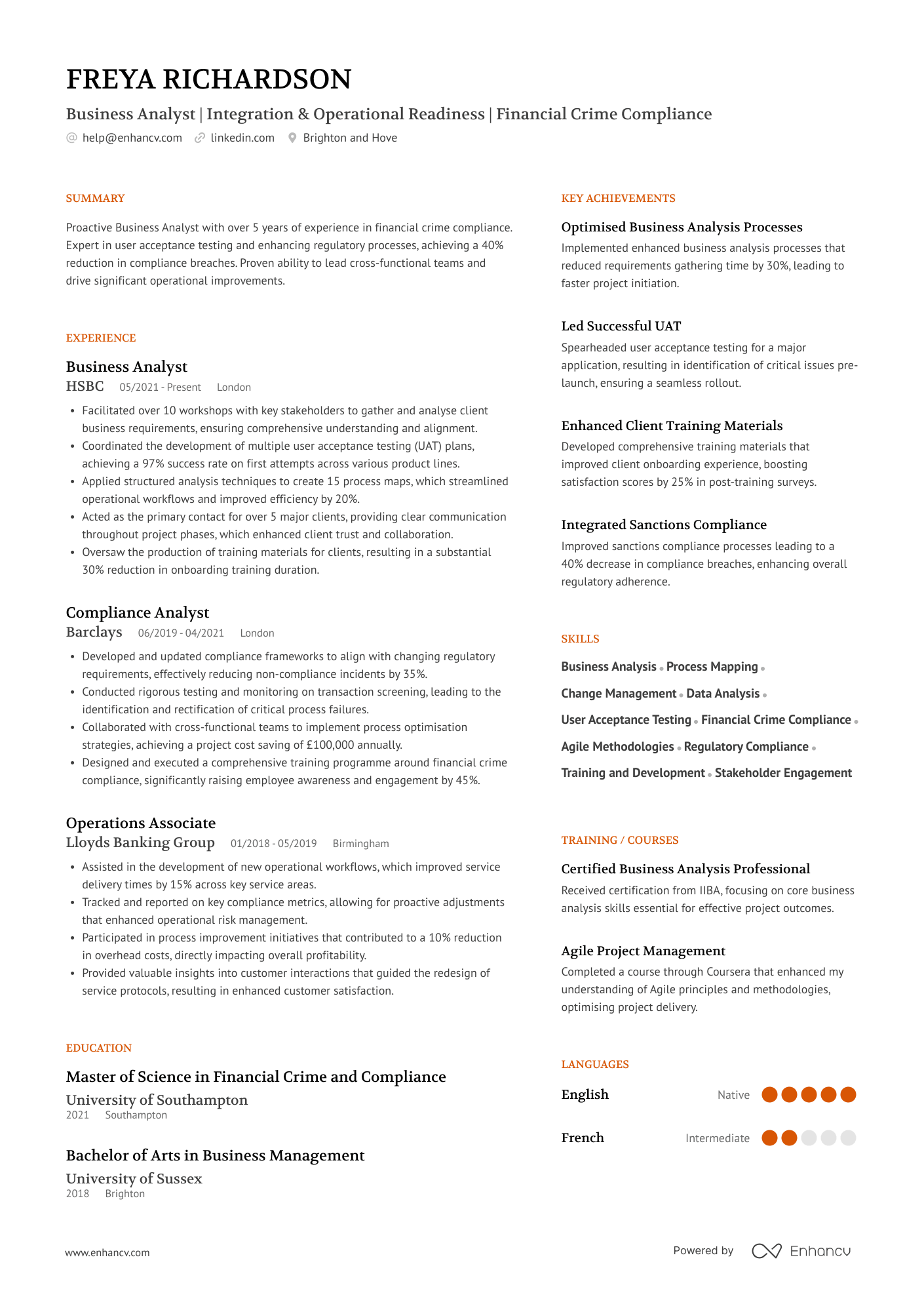 Business Analyst | Integration &amp; Operational Readiness | Financial Crime Compliance CV Example