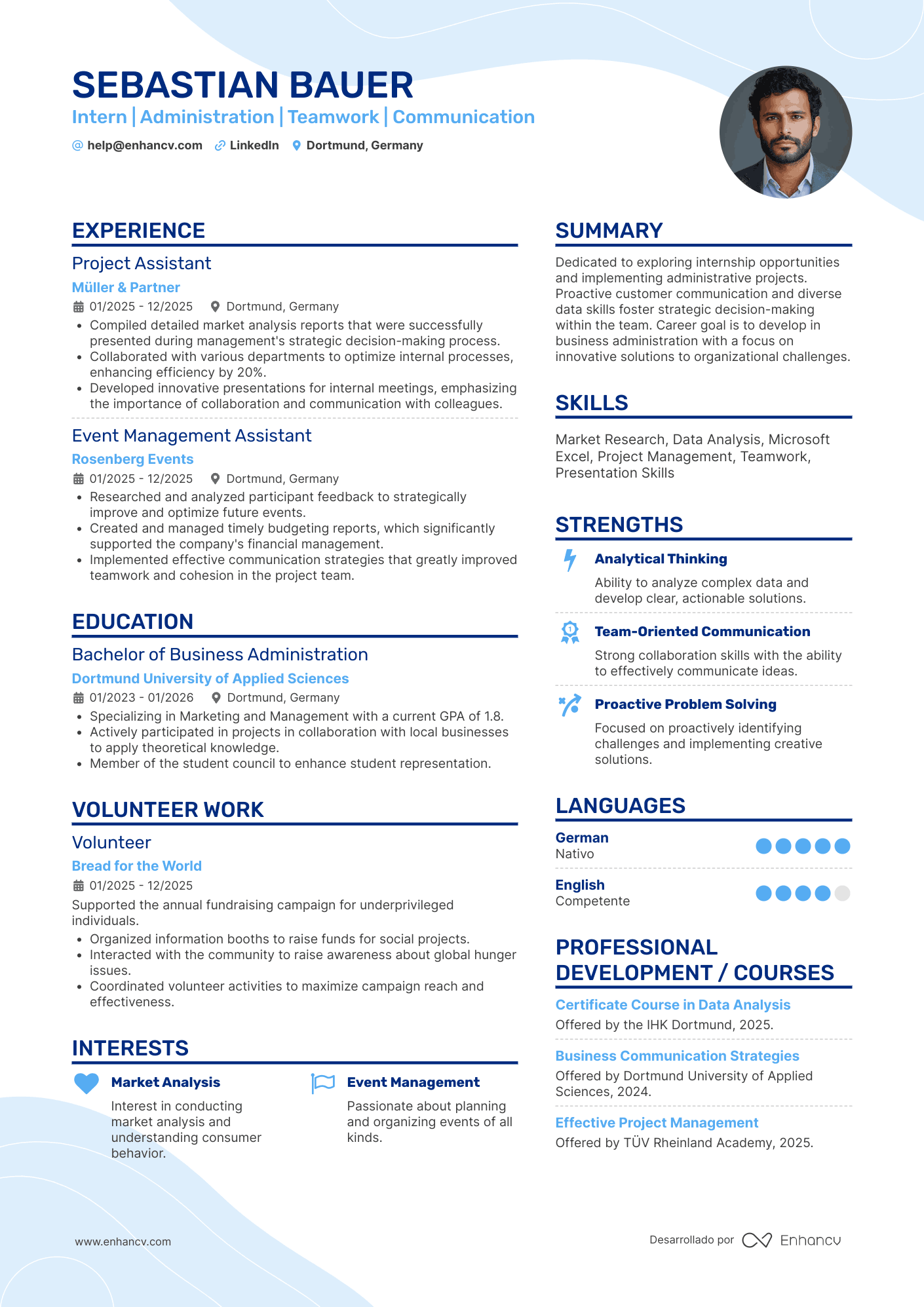 Intern | Administration | Teamwork | Communication Lebenslauf Beispiel