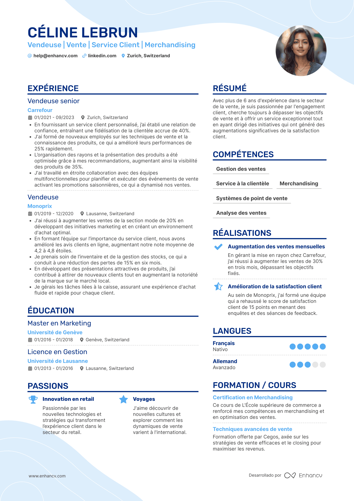 Vendeuse | Vente | Service Client | Merchandising Exemple de CV