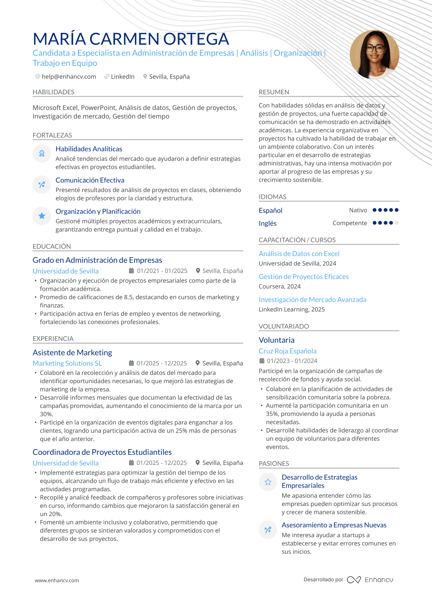 Candidata a Especialista en Administración de Empresas | Análisis | Organización | Trabajo en Equipo Ejemplo de CV