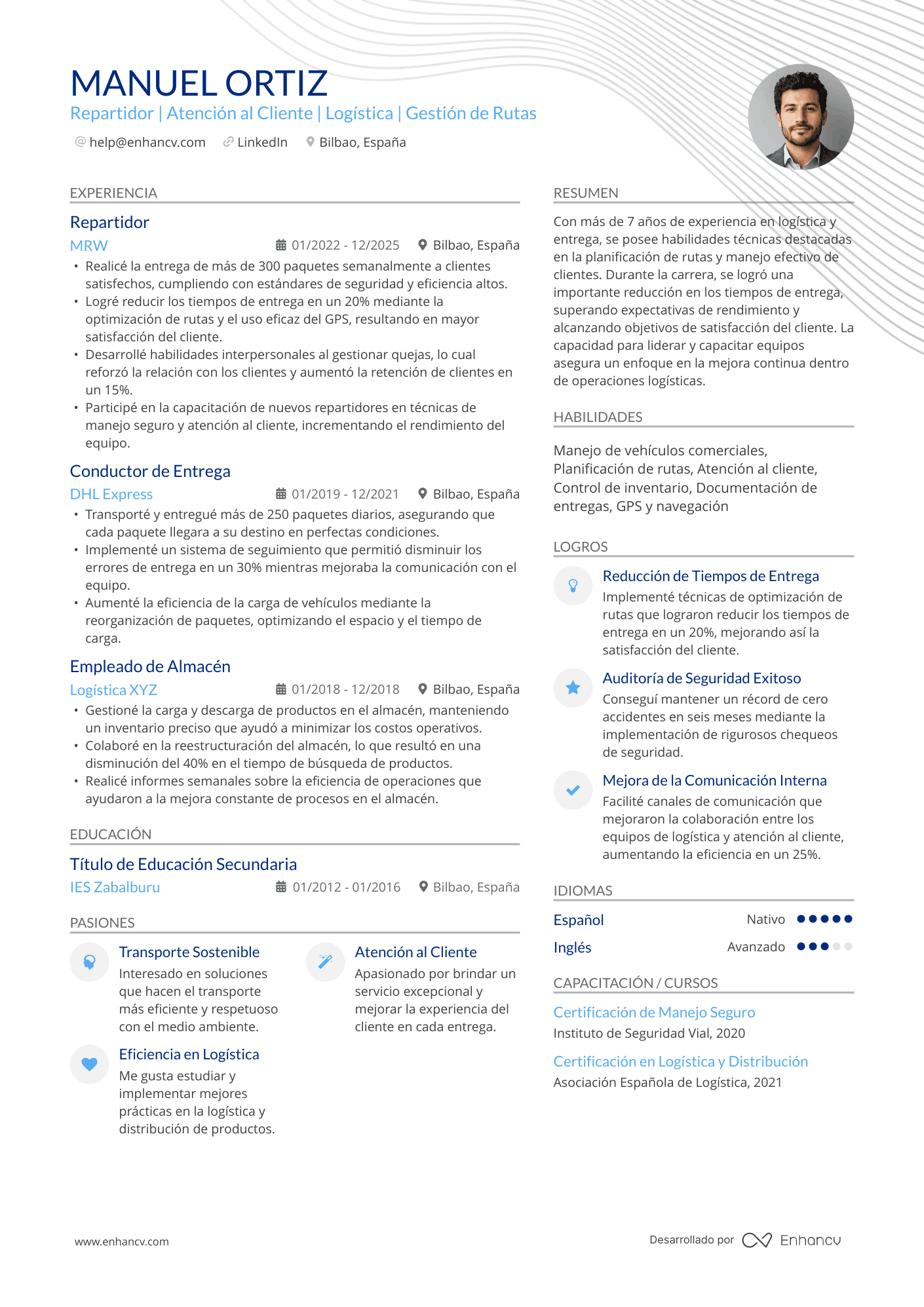 Repartidor | Atención al Cliente | Logística | Gestión de Rutas Ejemplo de CV