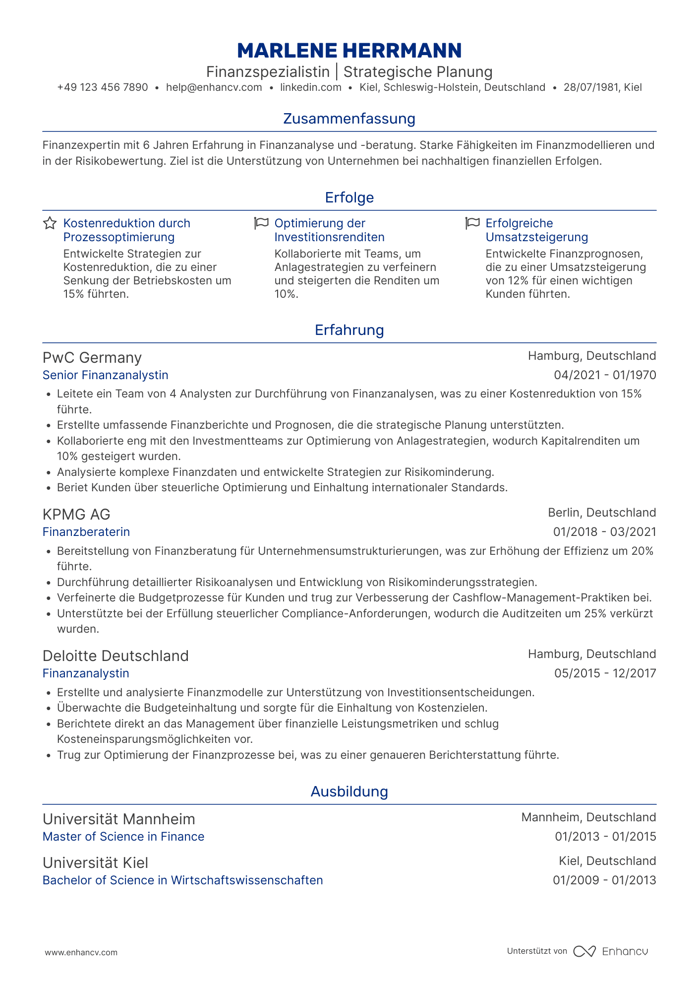 Finanzspezialistin | Strategische Planung Lebenslauf Beispiel