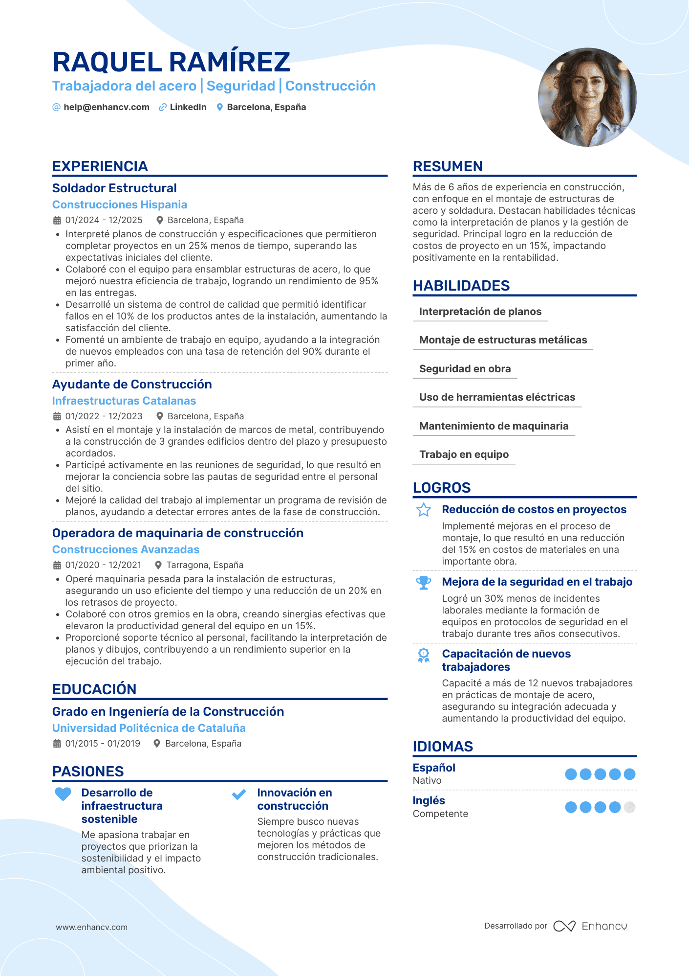 Trabajadora del acero | Seguridad | Construcción Ejemplo de CV