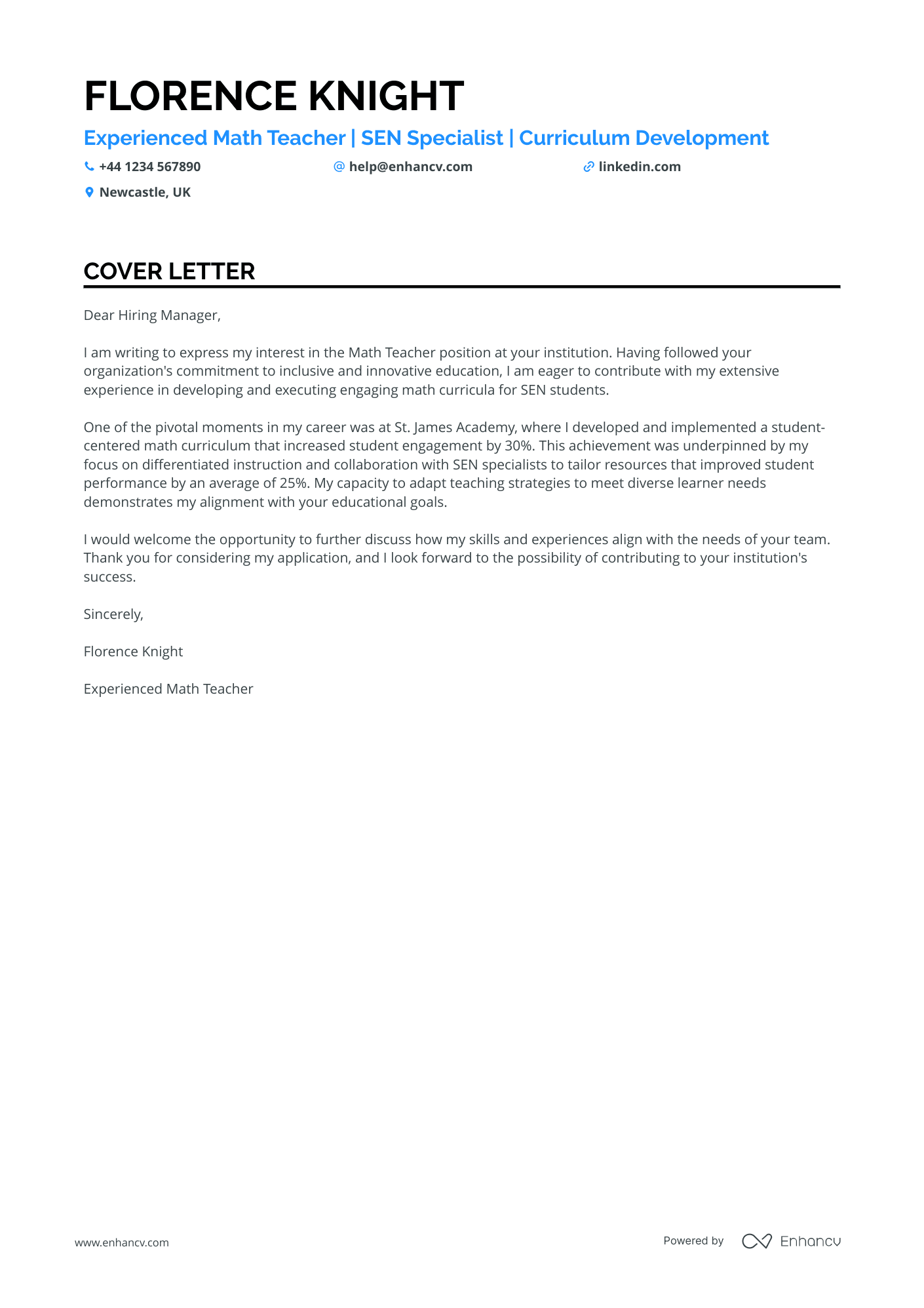 Math teacher cover letter example