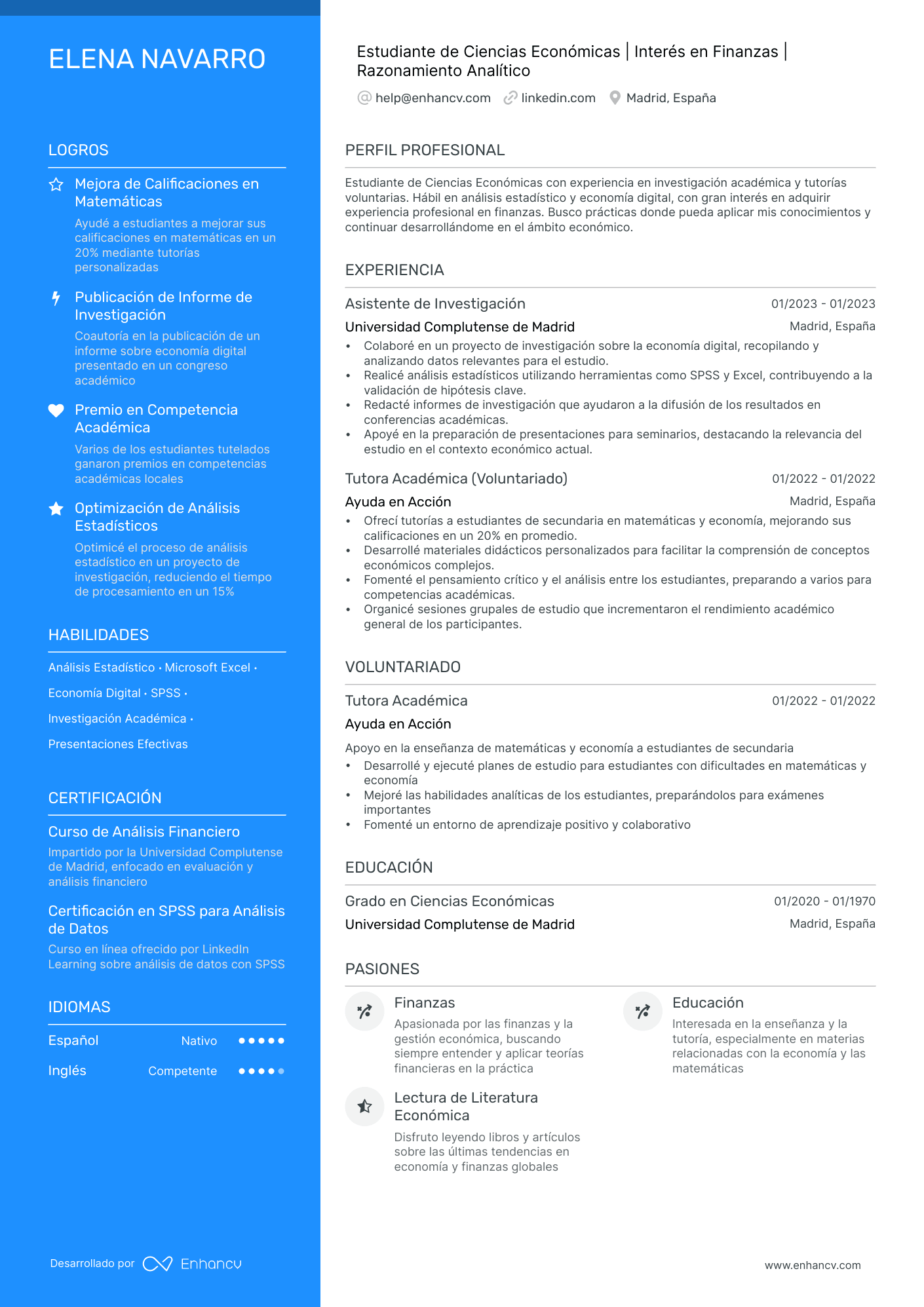 Estudiante de Ciencias Económicas | Interés en Finanzas | Razonamiento Analítico resume example