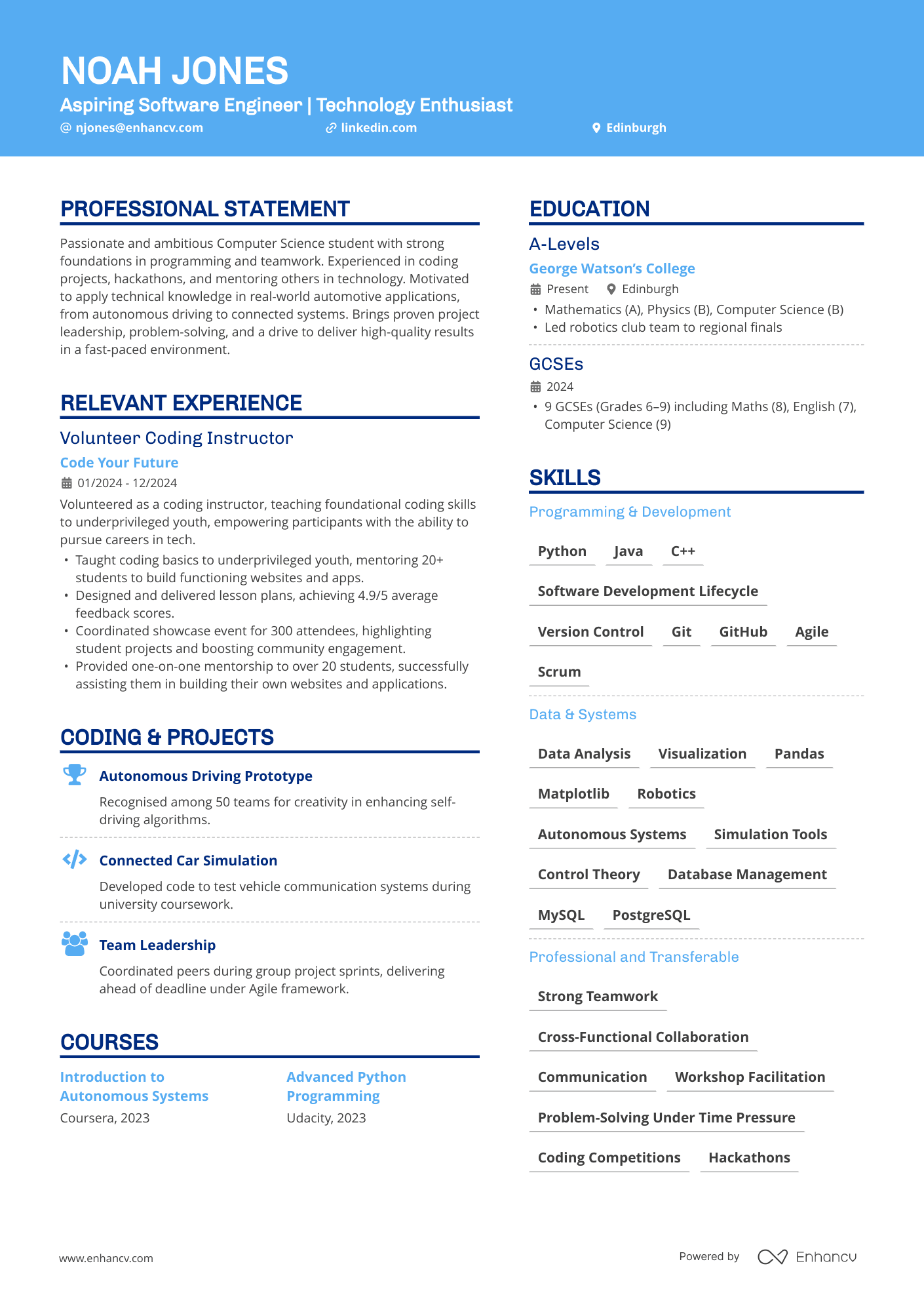 Aspiring Software Engineer | Technology Enthusiast CV Example