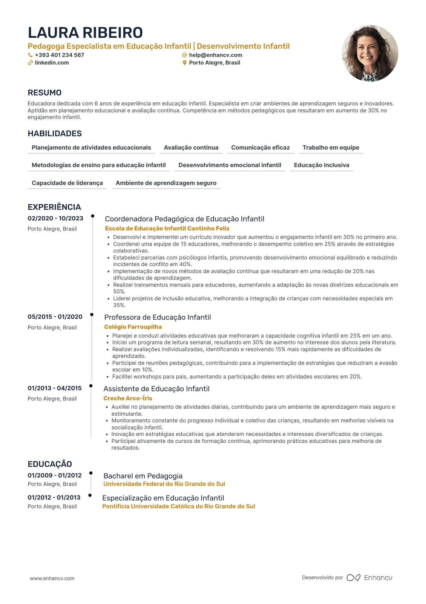 Pedagoga Especialista em Educação Infantil | Desenvolvimento Infantil Exemplo de CV