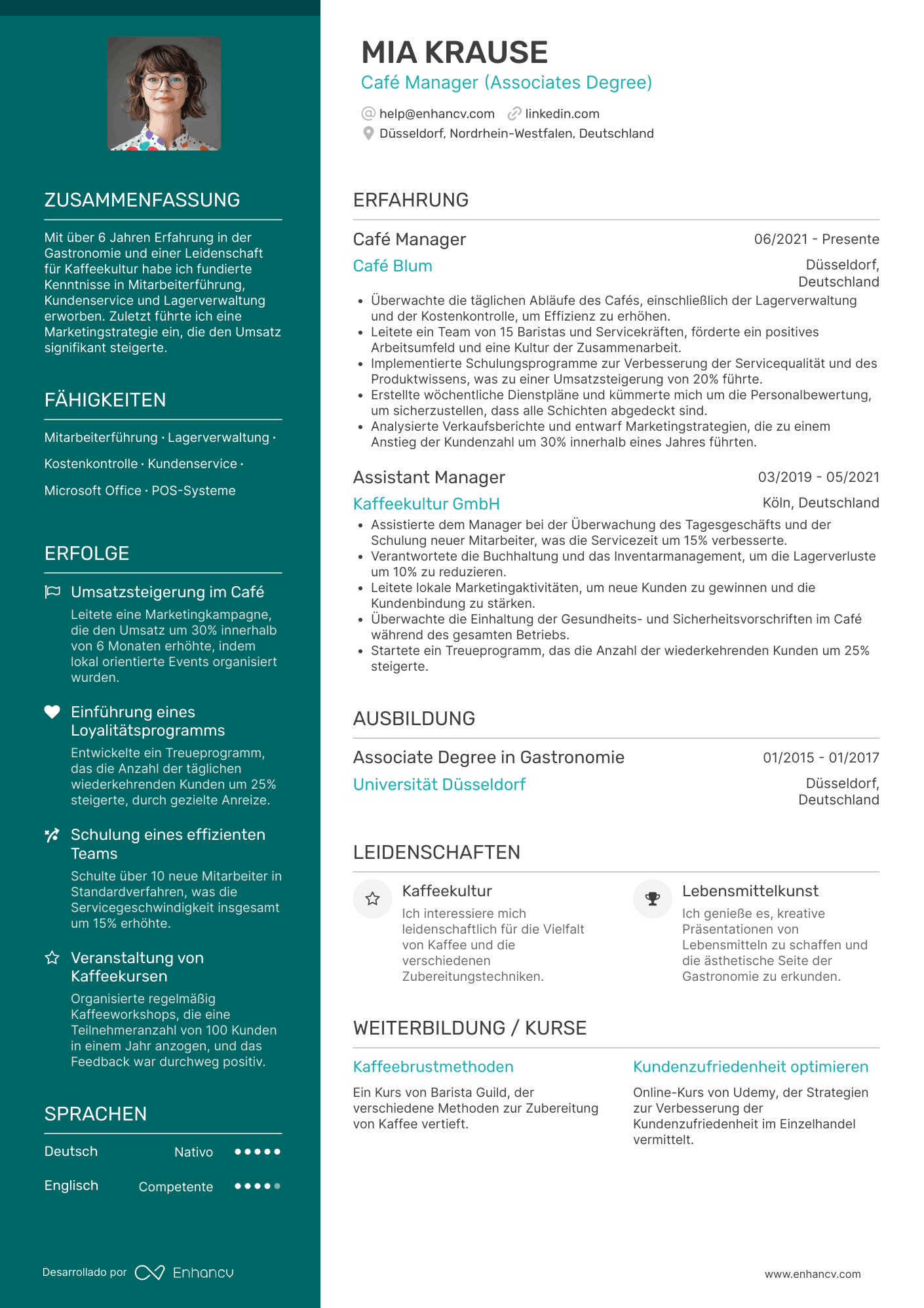 Café Manager (Associates Degree) Lebenslauf Beispiel