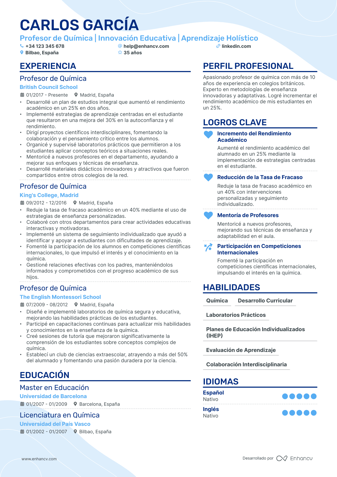 Profesor de Química | Innovación Educativa | Aprendizaje Holístico resume example
