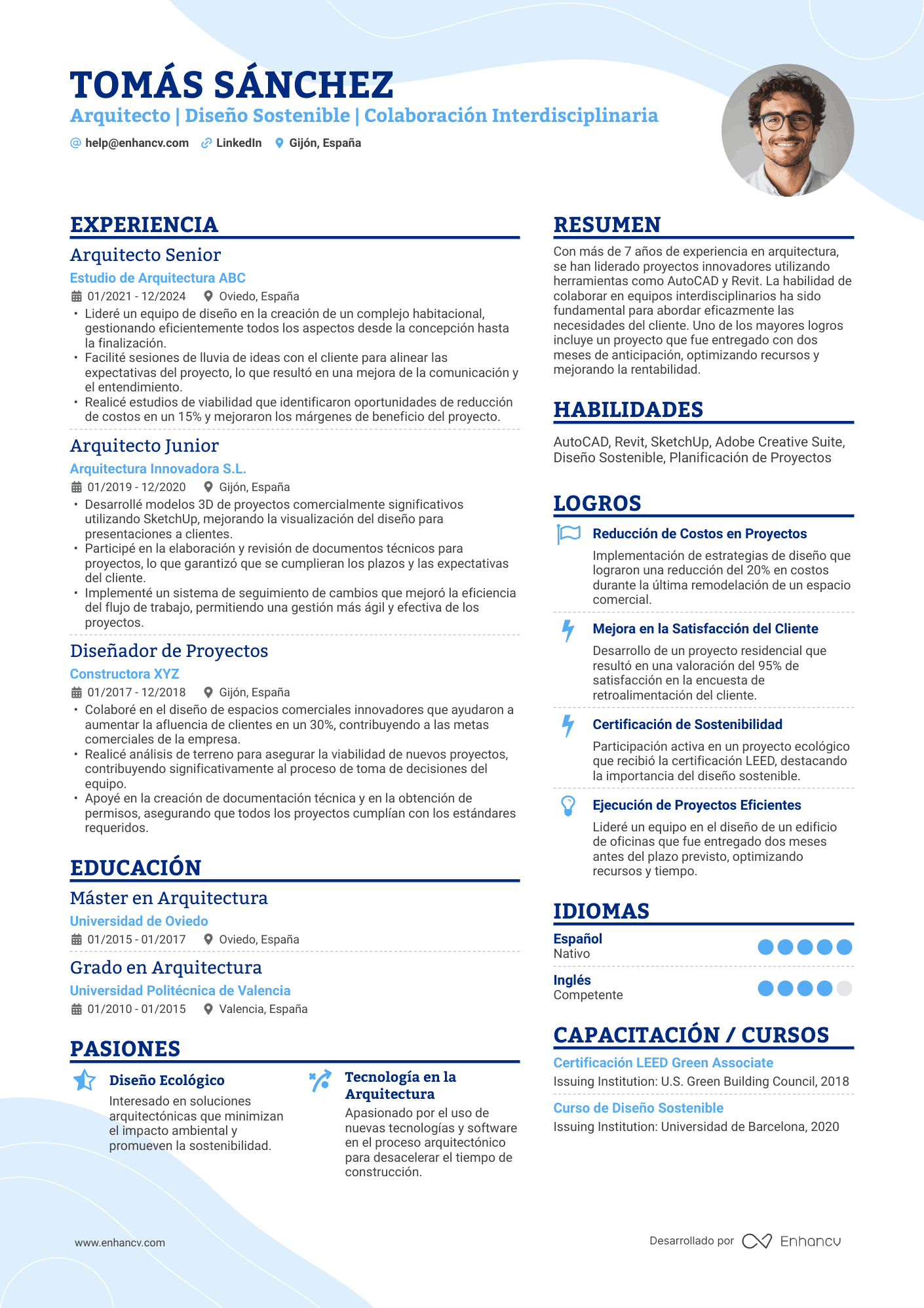 Arquitecto | Diseño Sostenible | Colaboración Interdisciplinaria Ejemplo de CV