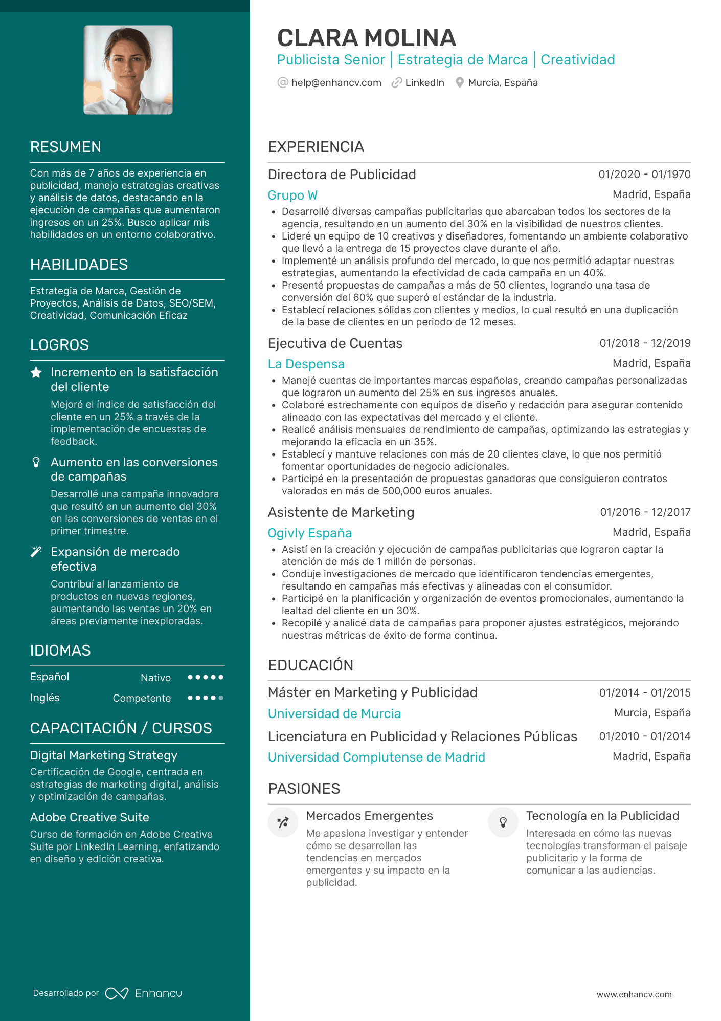 Publicista Senior | Estrategia de Marca | Creatividad Ejemplo de CV