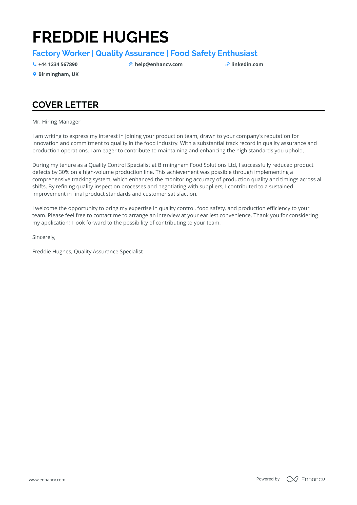 Factory Worker cover letter example